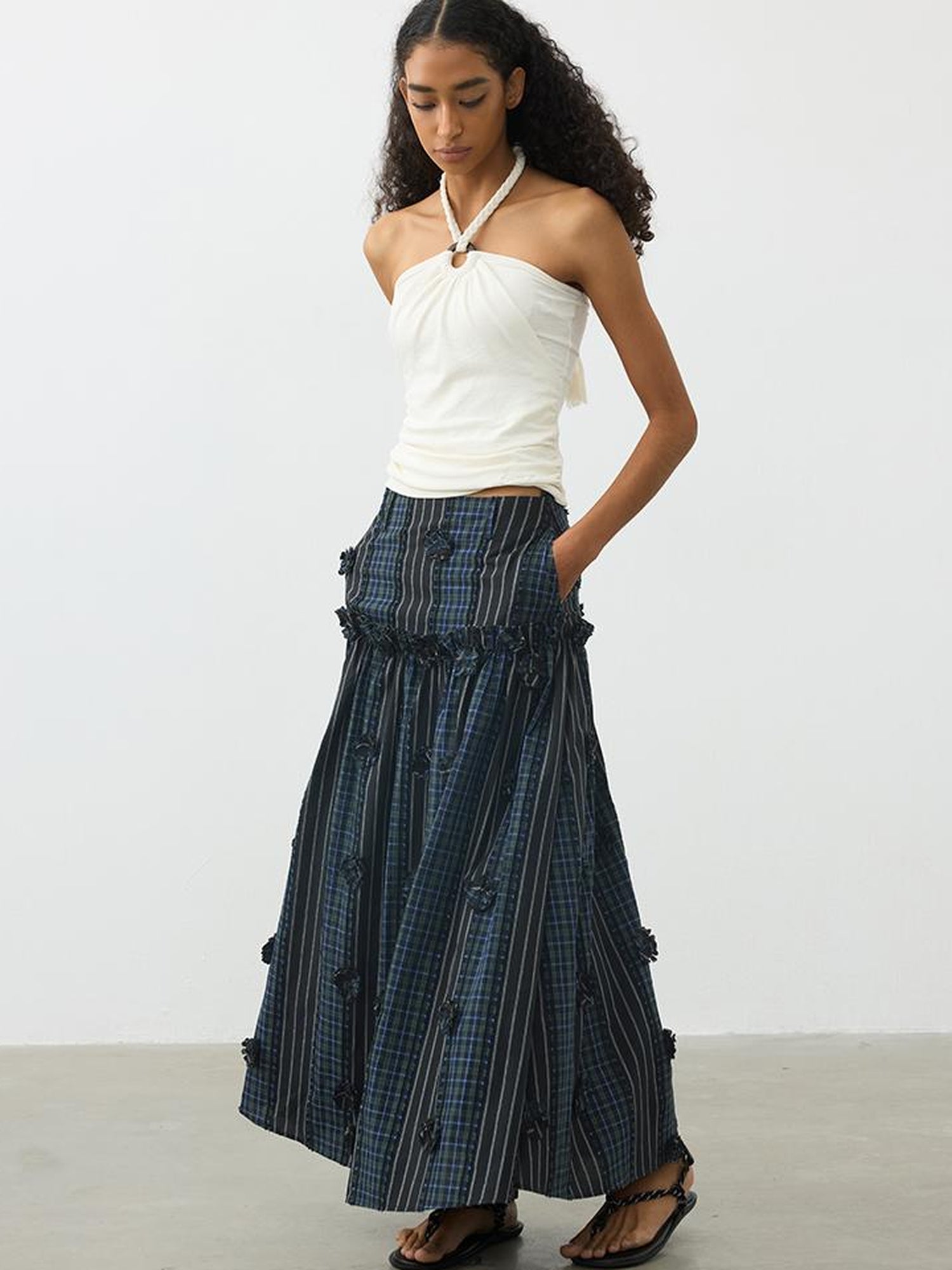 AFTADAWN Floral Grid Cotton Maxi Skirt With Color Block