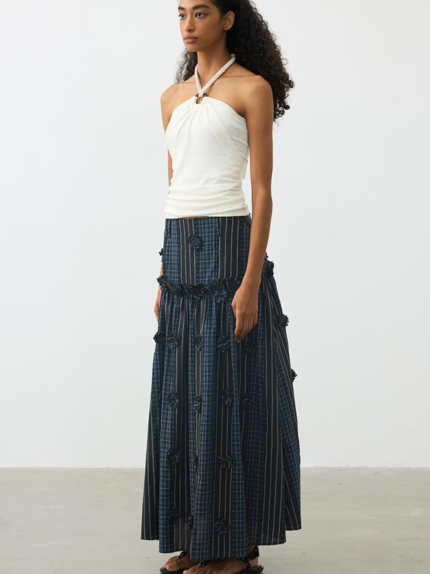 AFTADAWN Floral Grid Cotton Maxi Skirt With Color Block
