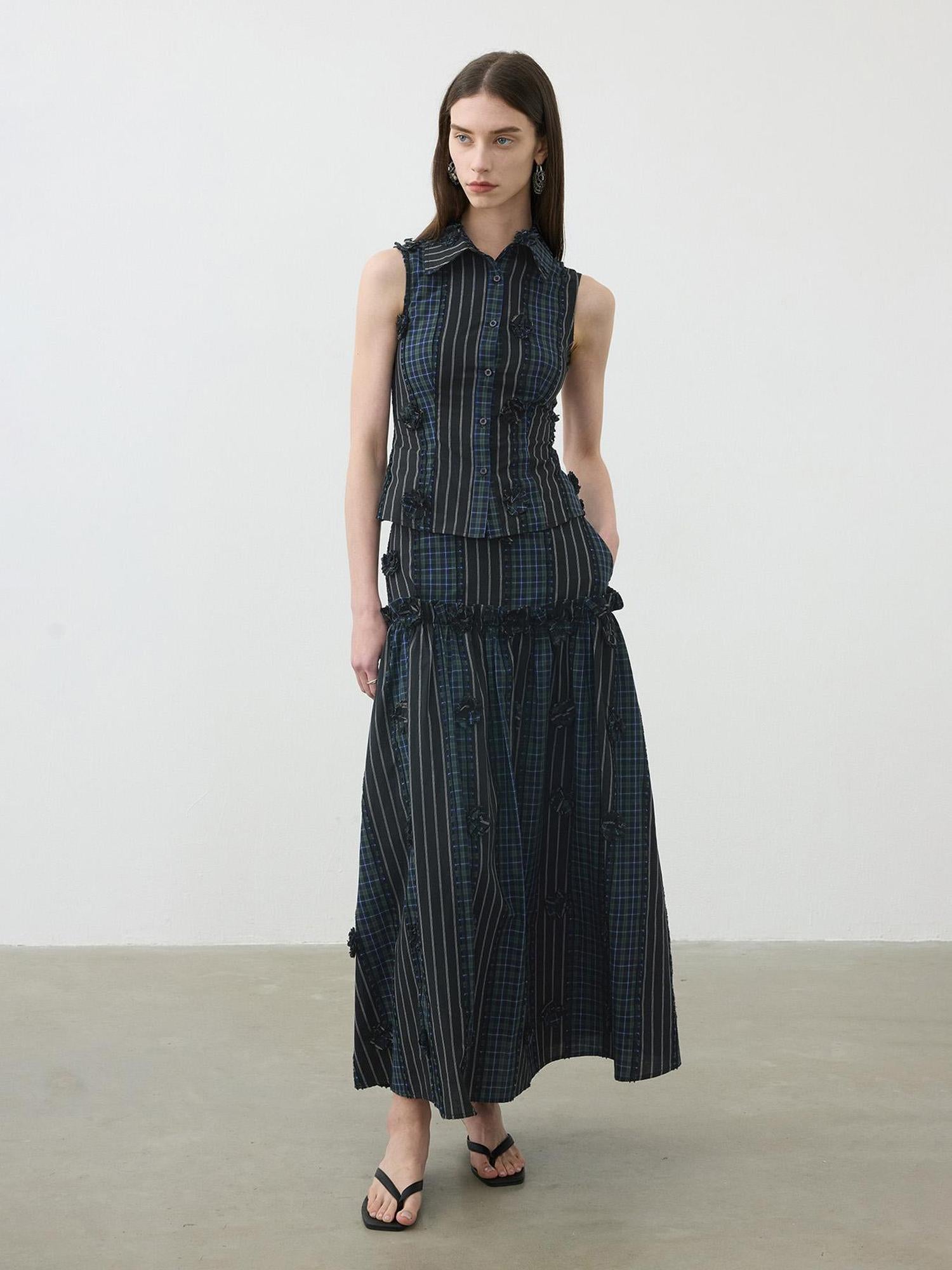 AFTADAWN Floral Grid Cotton Maxi Skirt With Color Block