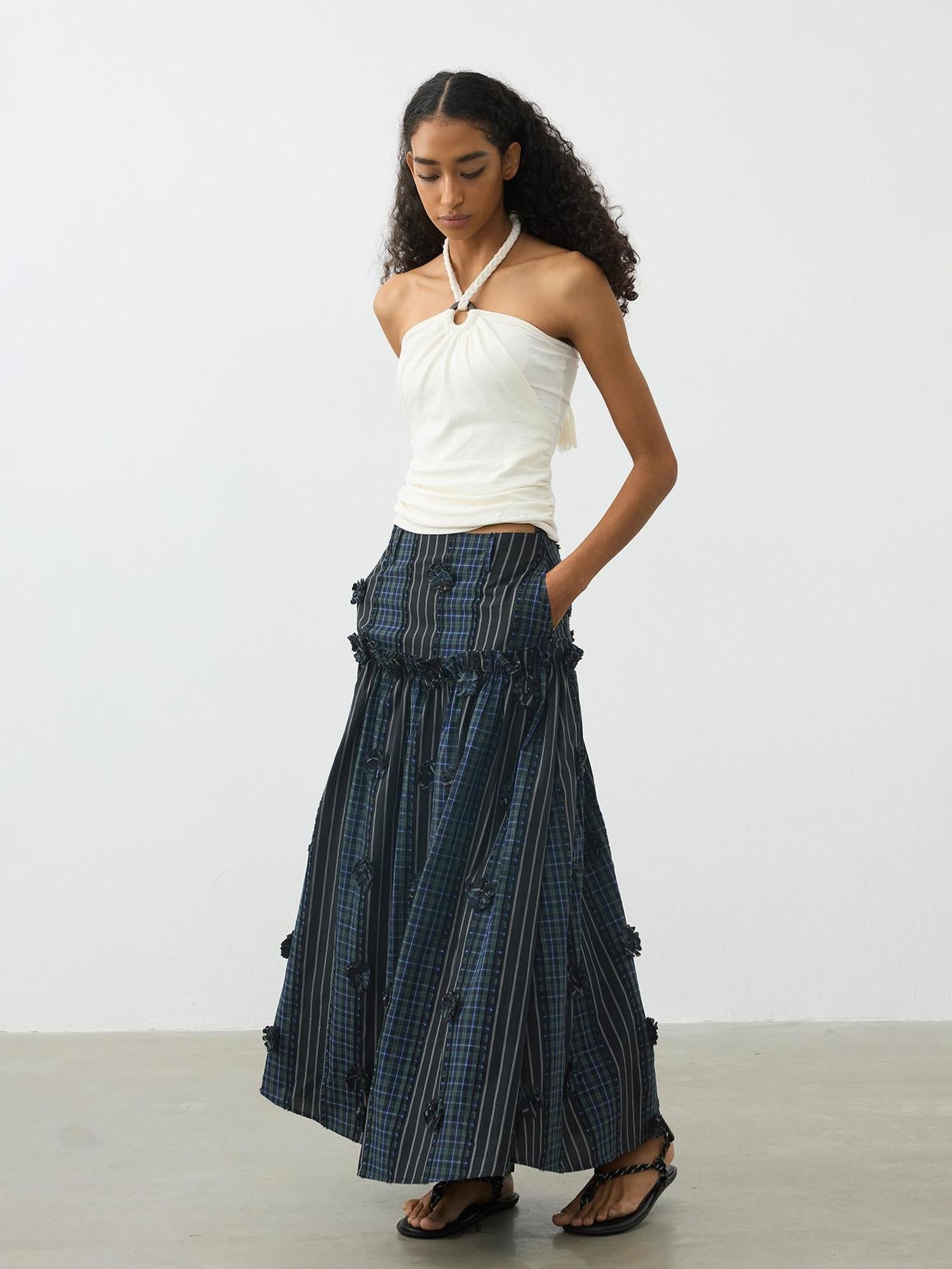 AFTADAWN Floral Grid Cotton Maxi Skirt With Color Block