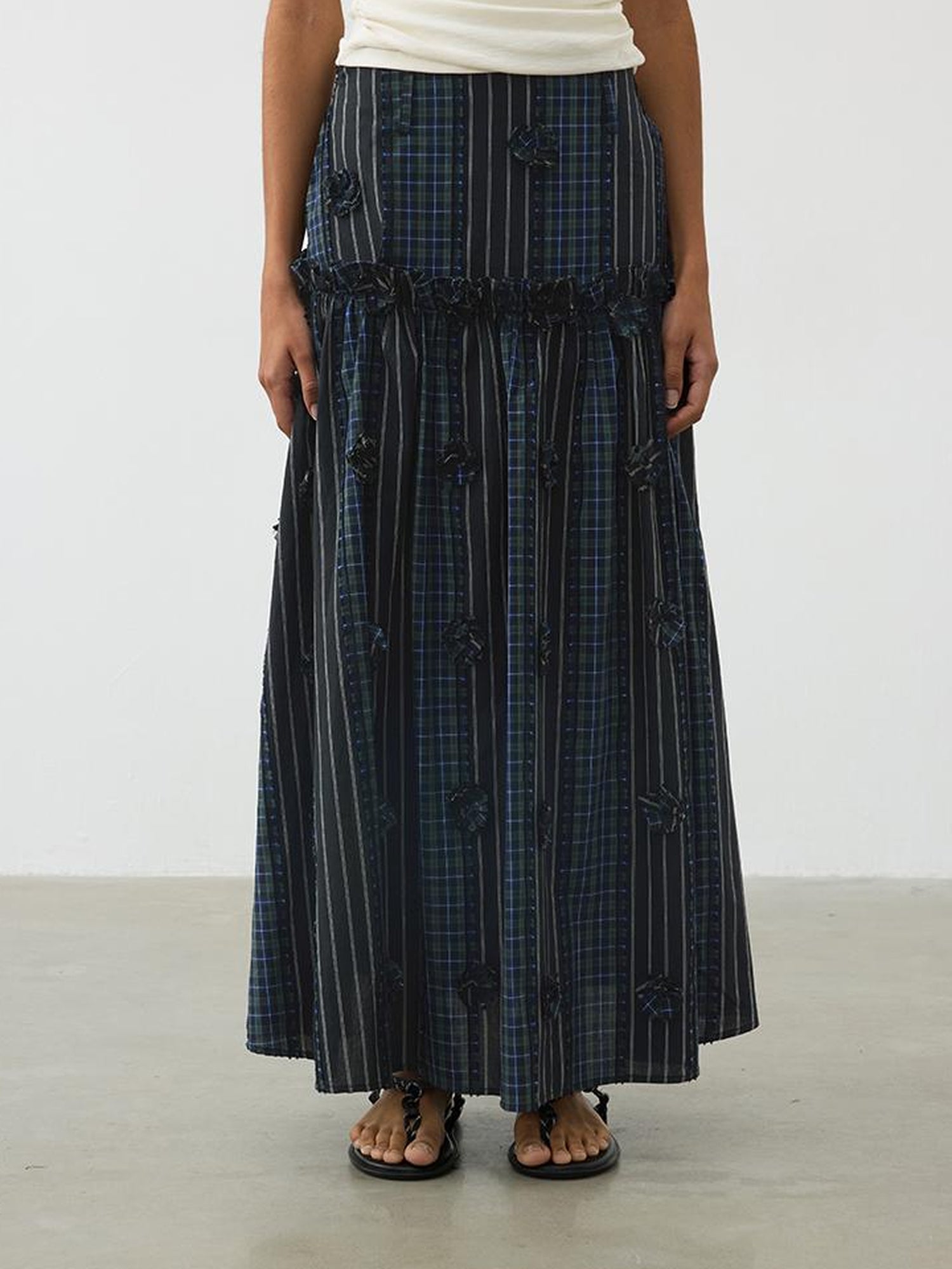 AFTADAWN Floral Grid Cotton Maxi Skirt With Color Block