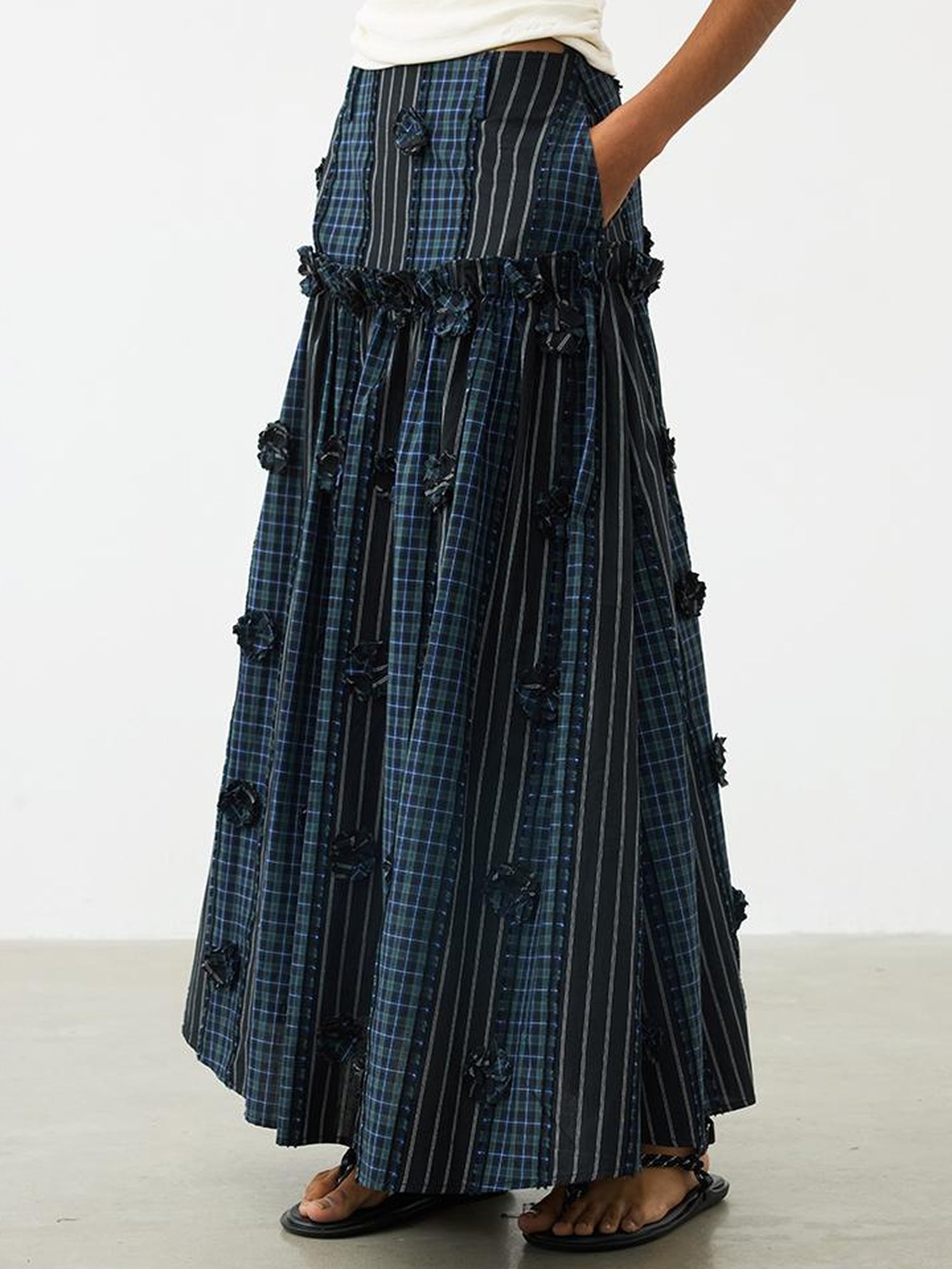AFTADAWN Floral Grid Cotton Maxi Skirt With Color Block