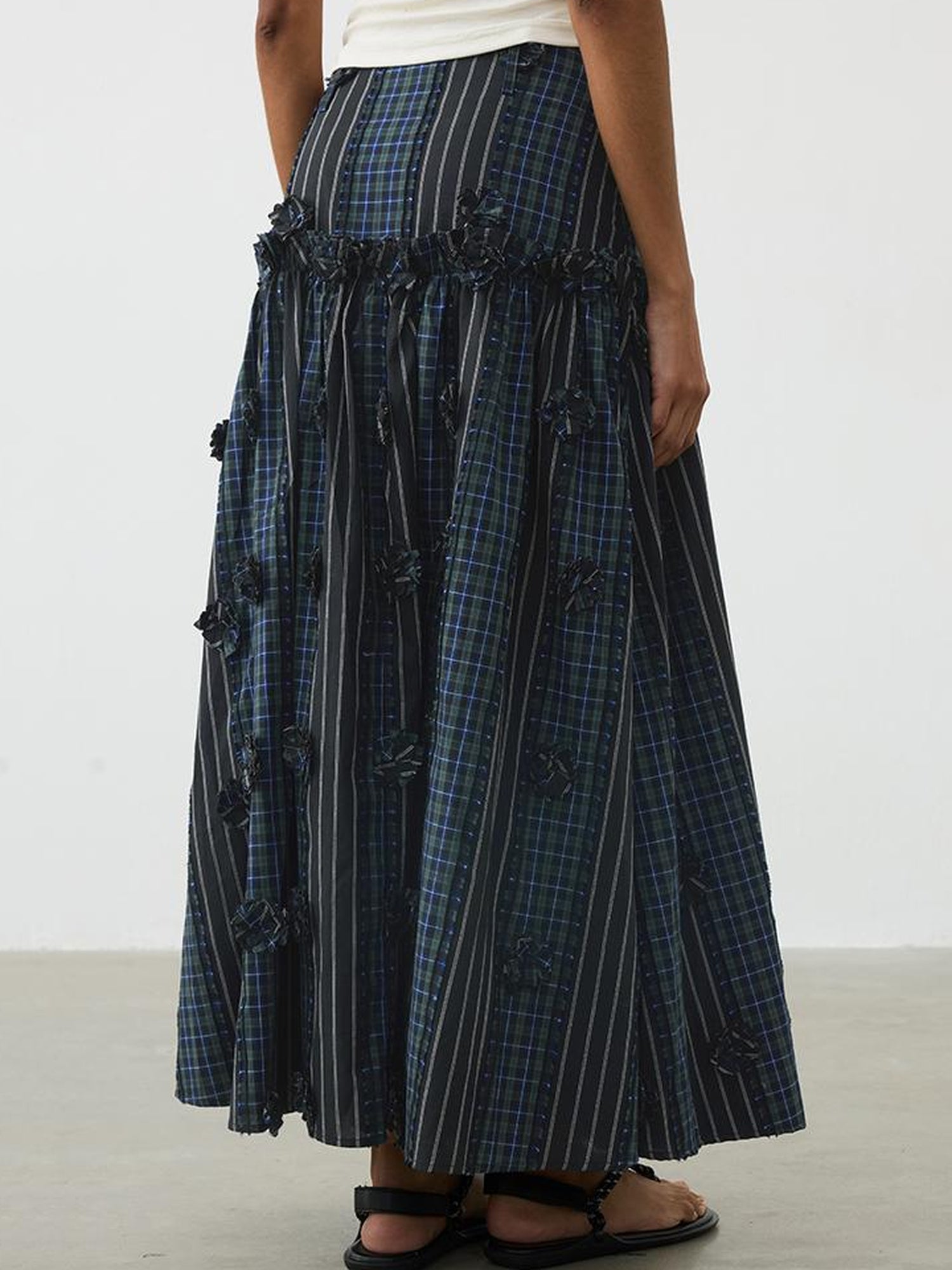 AFTADAWN Floral Grid Cotton Maxi Skirt With Color Block