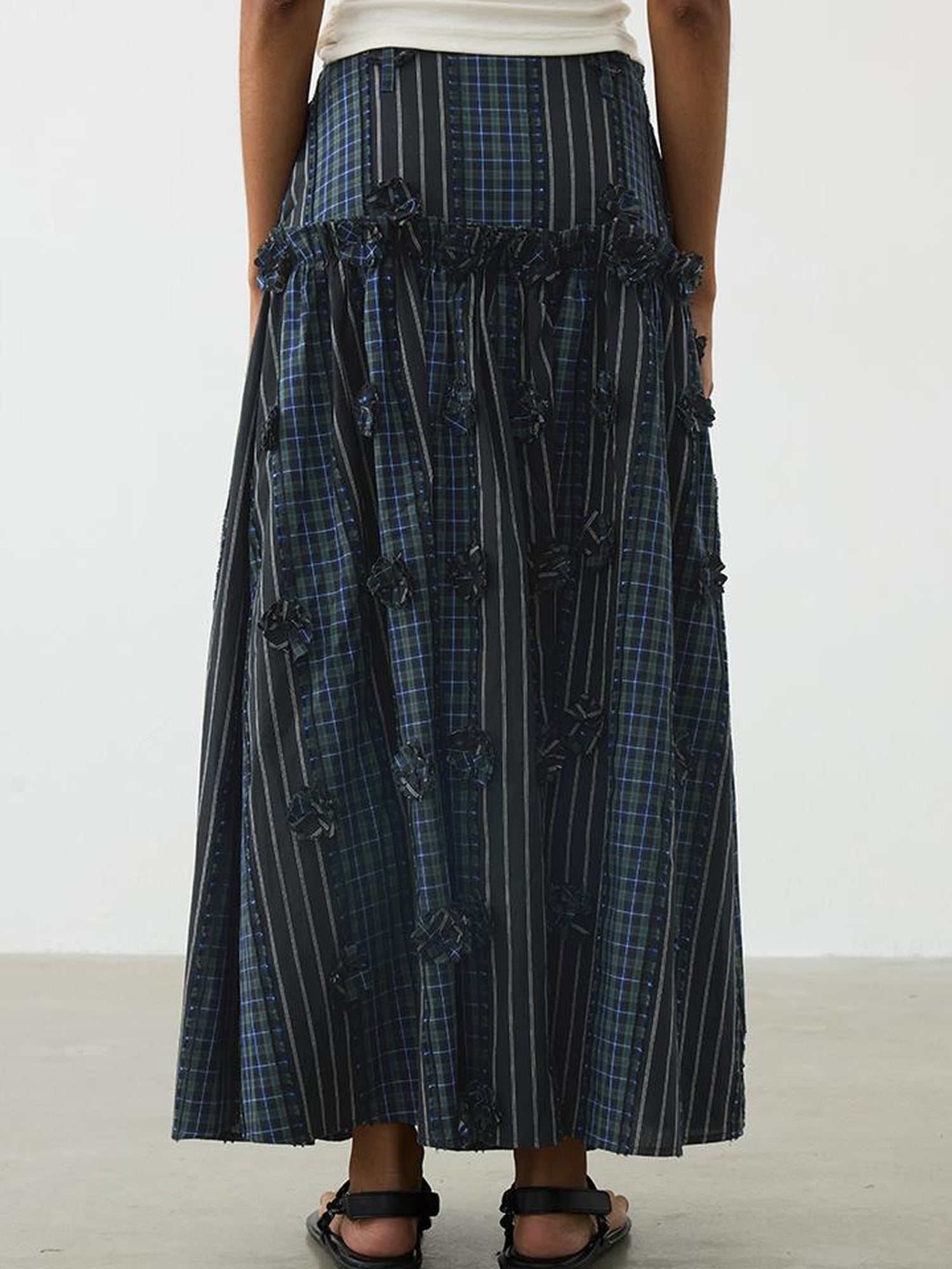 AFTADAWN Floral Grid Cotton Maxi Skirt With Color Block