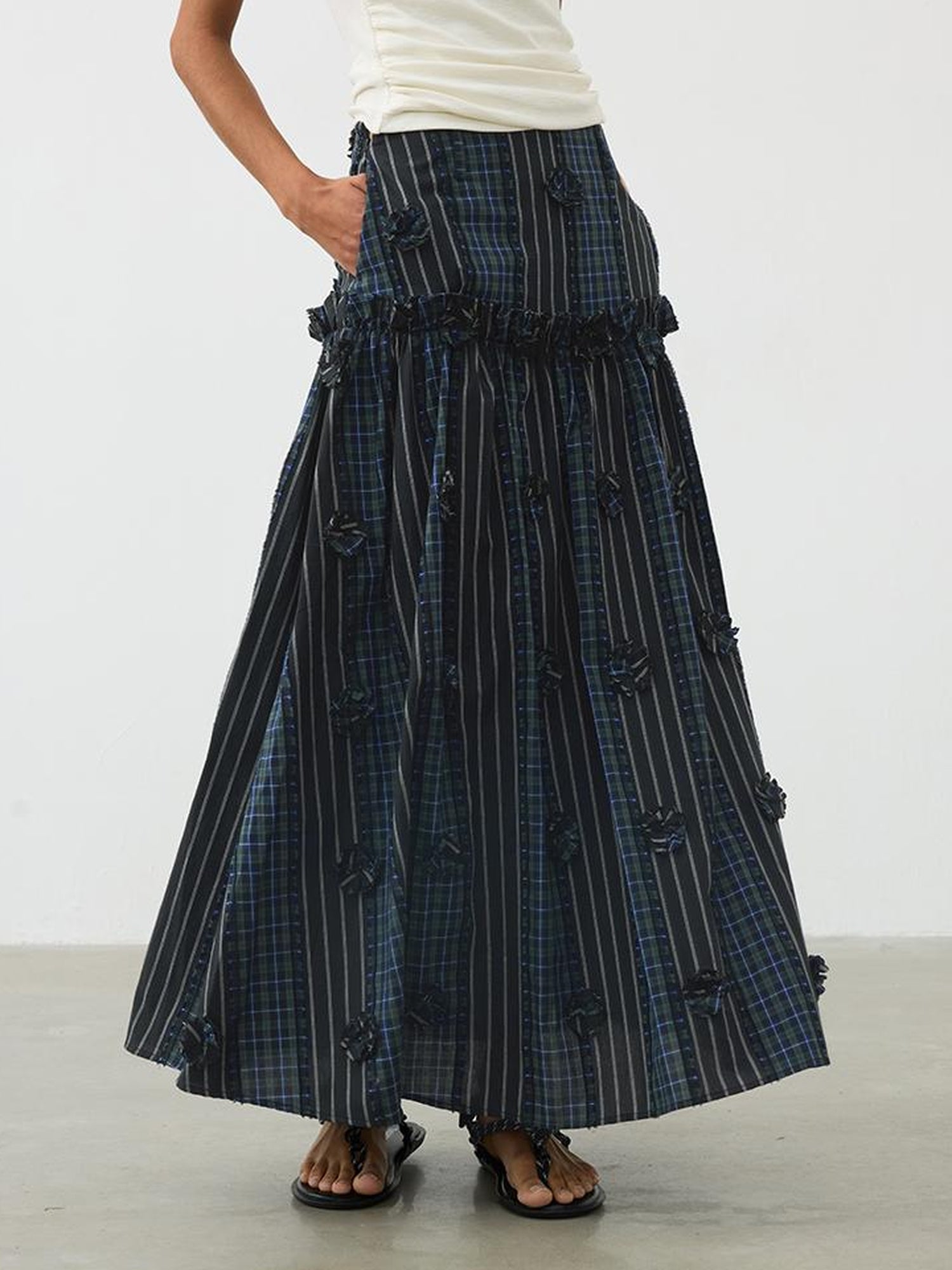 AFTADAWN Floral Grid Cotton Maxi Skirt With Color Block