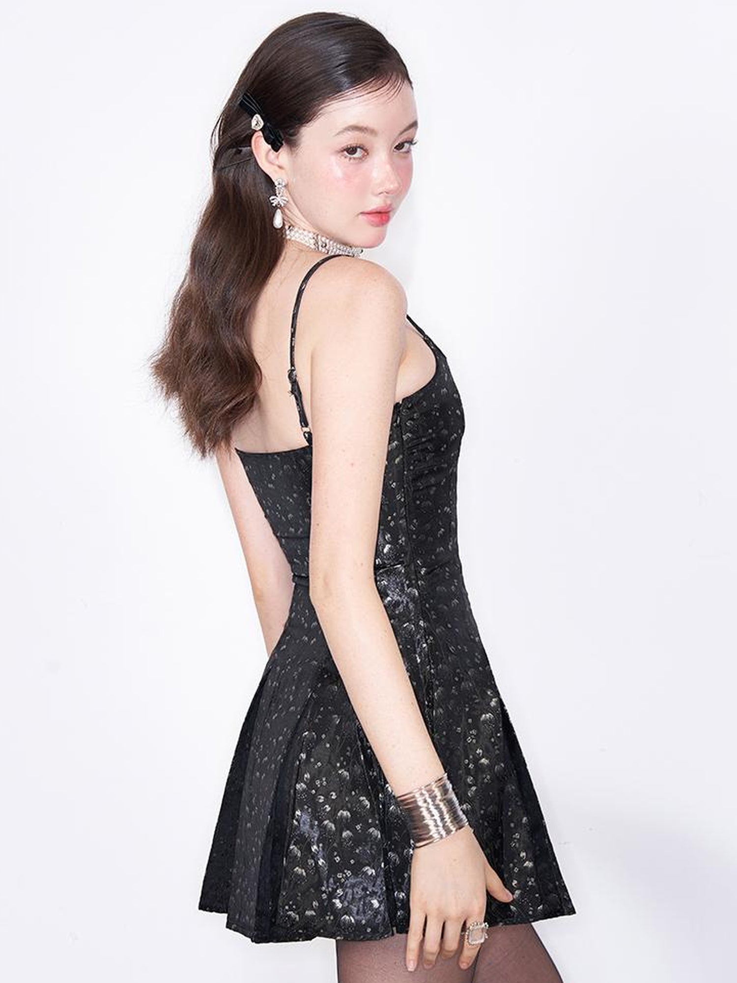 AFTADAWN Floral Jacquard Satin Pleated Slip Dress