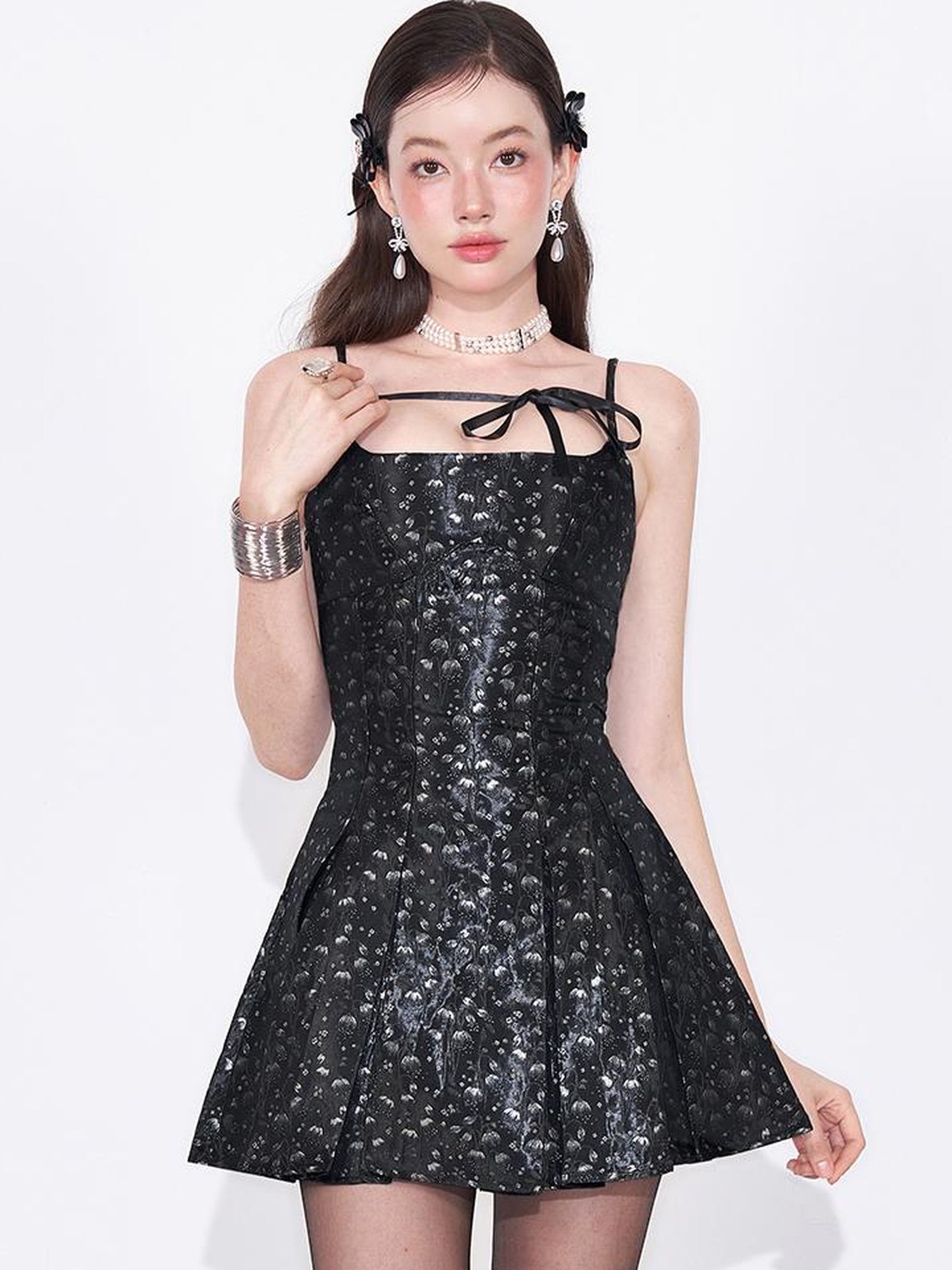 AFTADAWN Floral Jacquard Satin Pleated Slip Dress