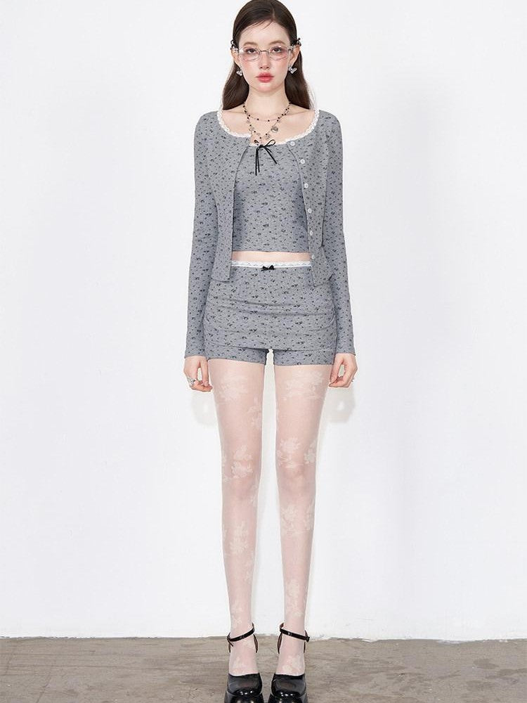 AFTADAWN Floral Lace Bow Knit Camisole Ruched Shorts Women&
