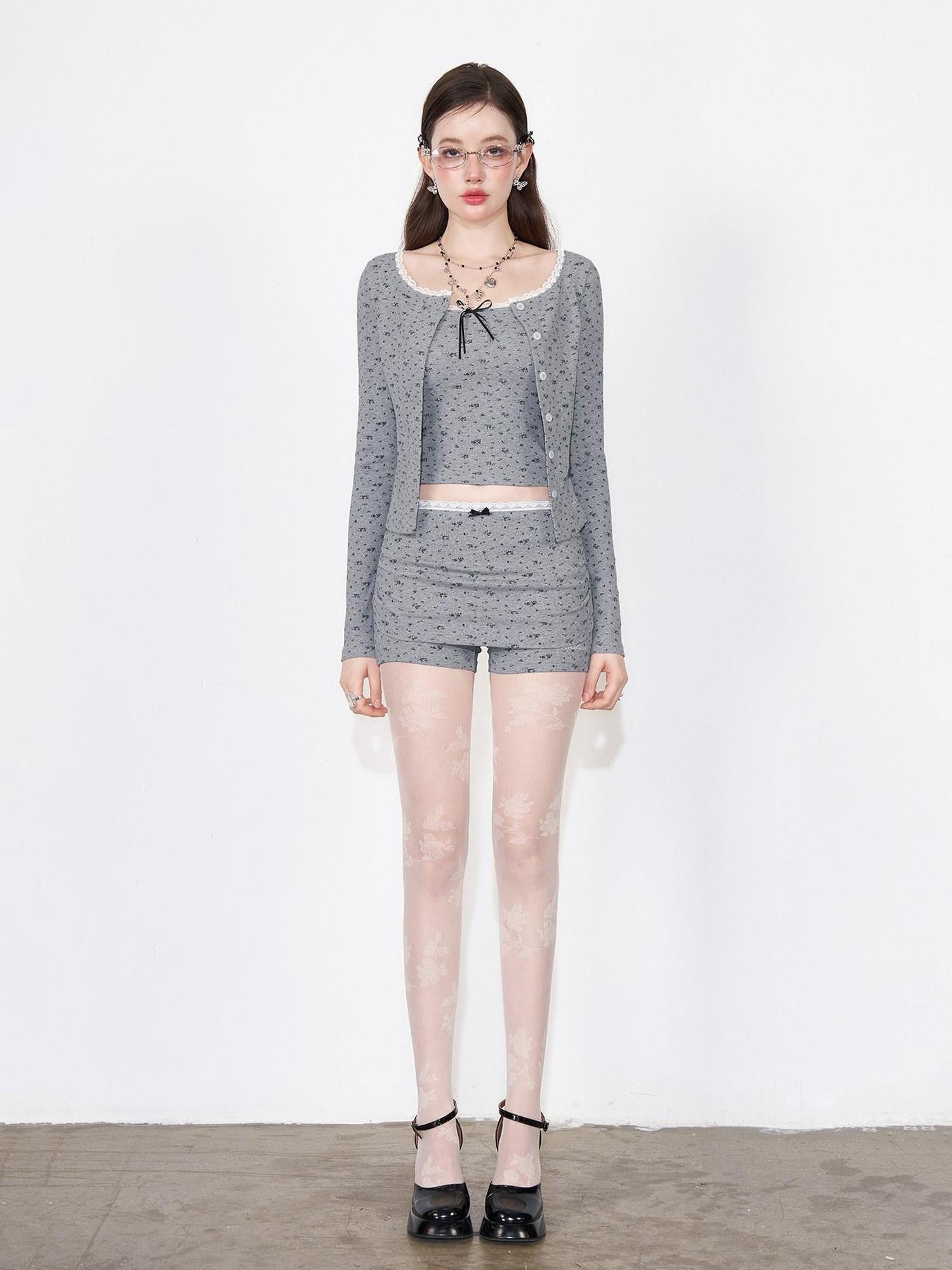 AFTADAWN Floral Lace Bow Knit Camisole Ruched Shorts Women&