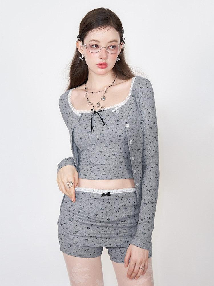AFTADAWN Floral Lace Bow Knit Camisole Ruched Shorts Women&