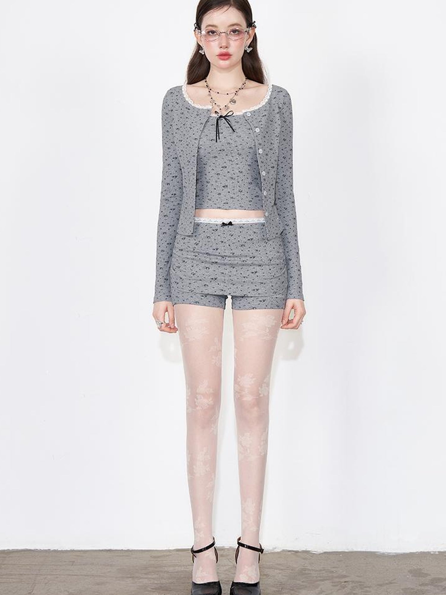 AFTADAWN Floral Lace Bow Sleeveless Top & Knit Cardigan & Pleated Shorts Set