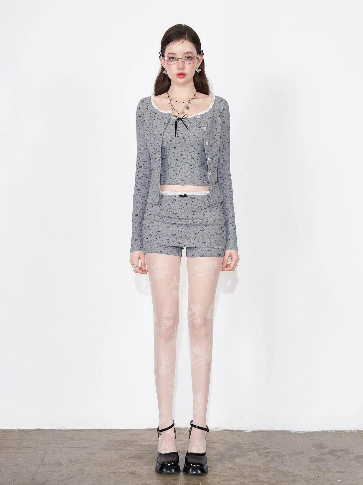 AFTADAWN Floral Lace Bow Sleeveless Top & Knit Cardigan & Pleated Shorts Set