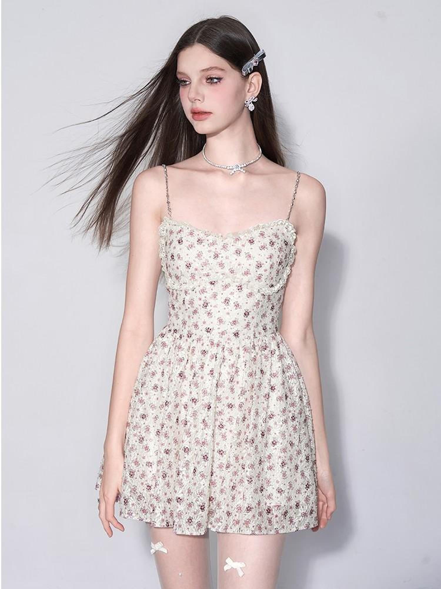 AFTADAWN Floral Lace Embroidered Bustier Slip V-Neck Dress