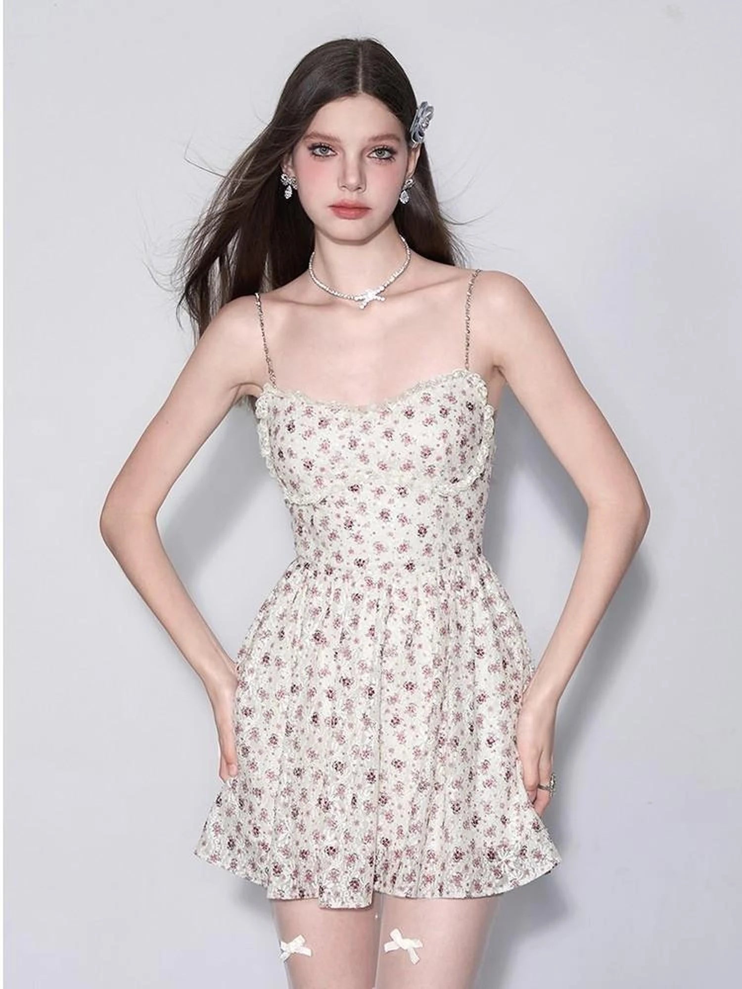 Floral Lace Embroidered Bustier Slip V-Neck Dress