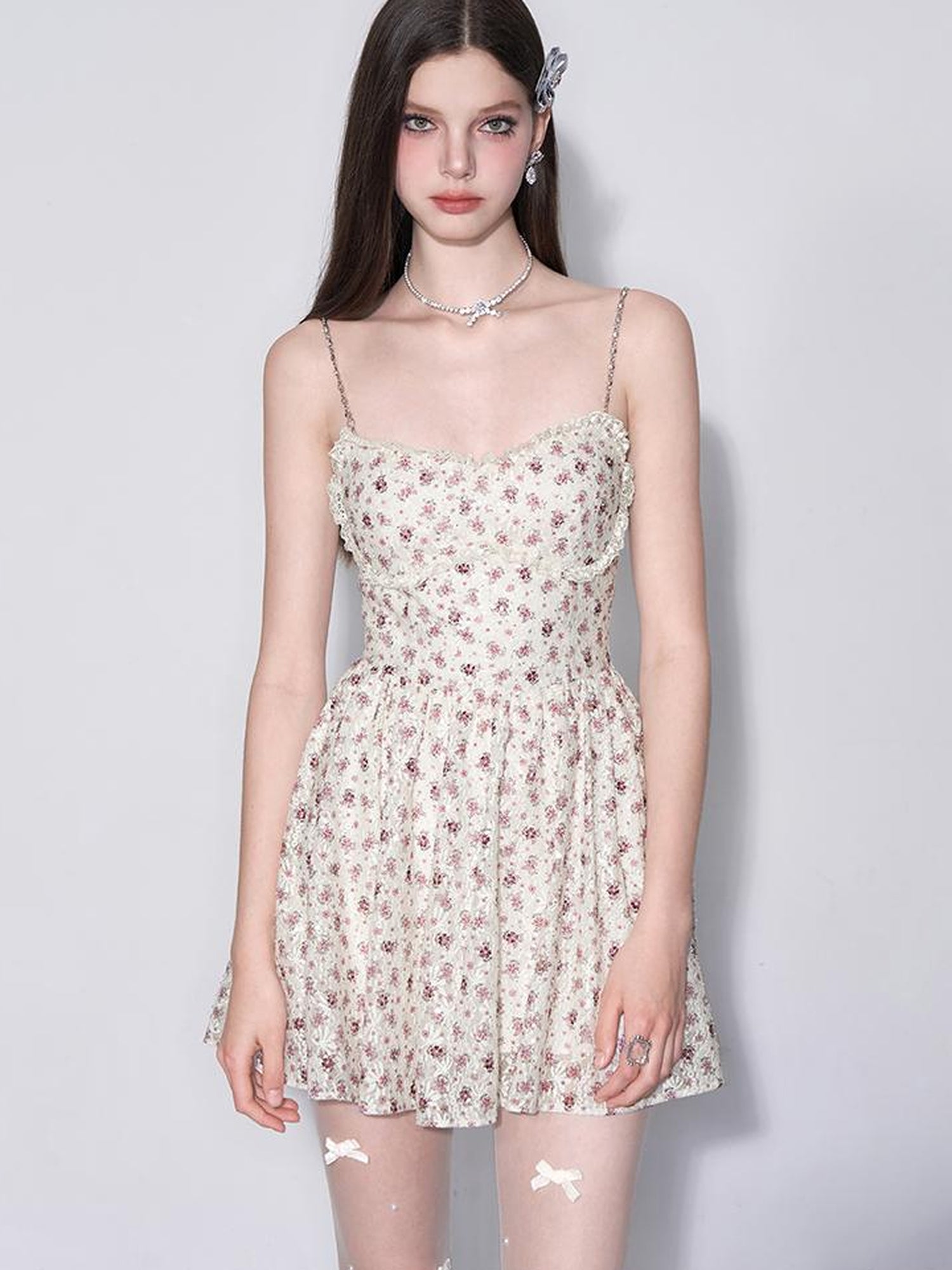 AFTADAWN Floral Lace Embroidered Bustier Slip V-Neck Dress