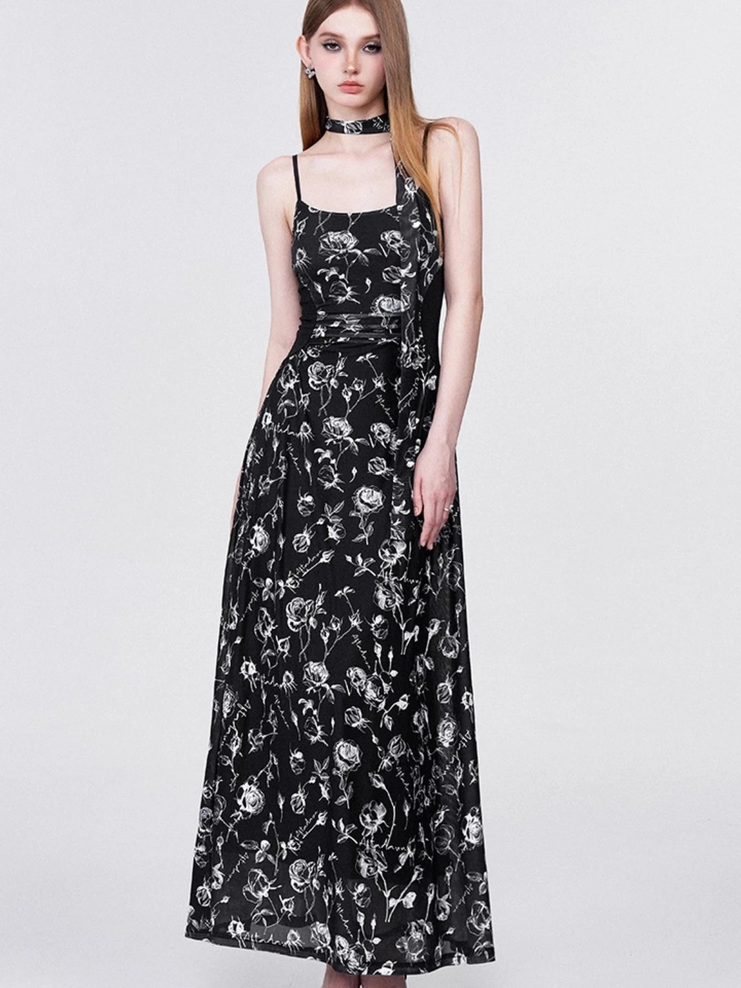 Floral Lace Ruffle Waist Maxi Dress
