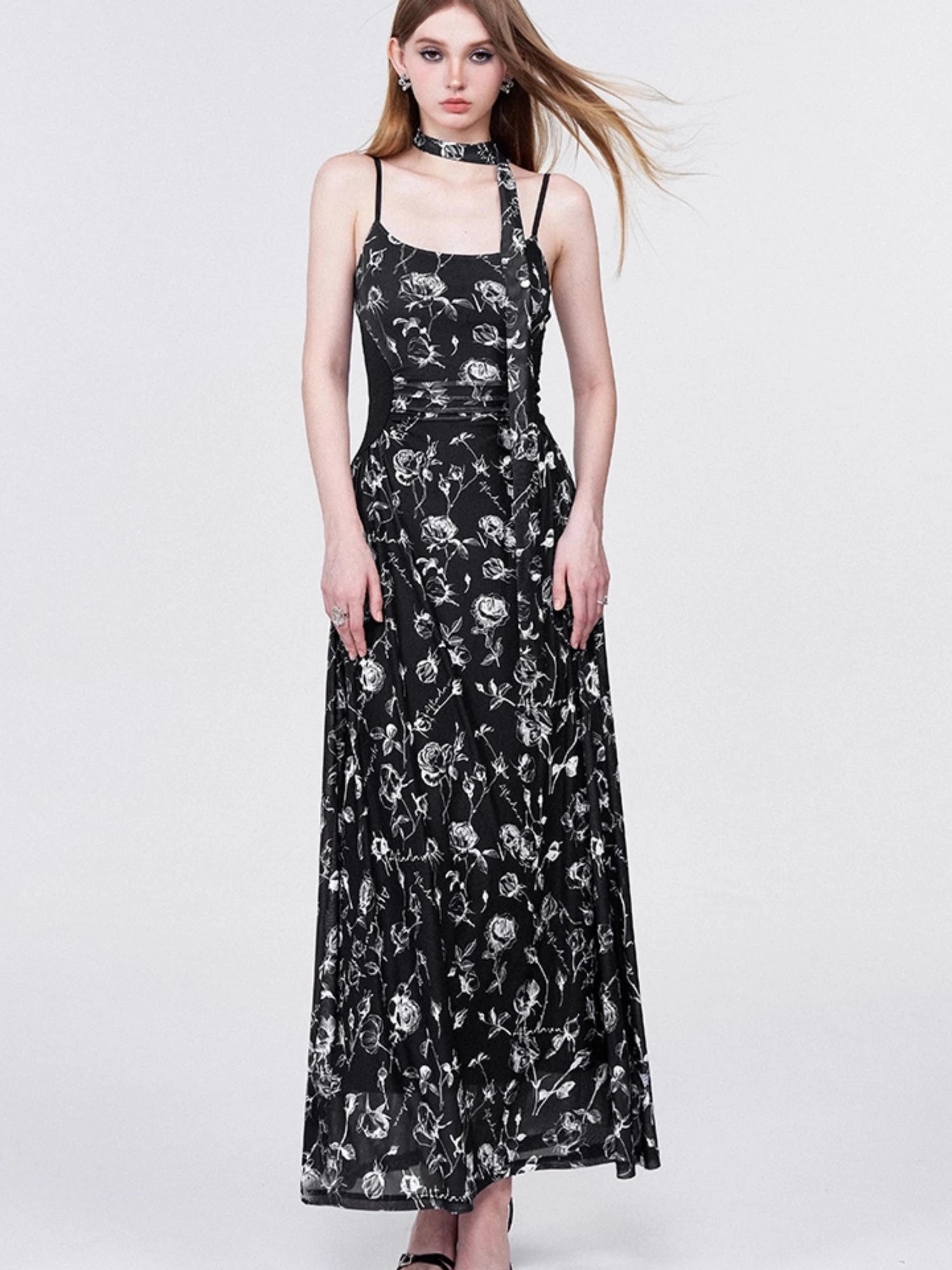 Floral Lace Ruffle Waist Maxi Dress