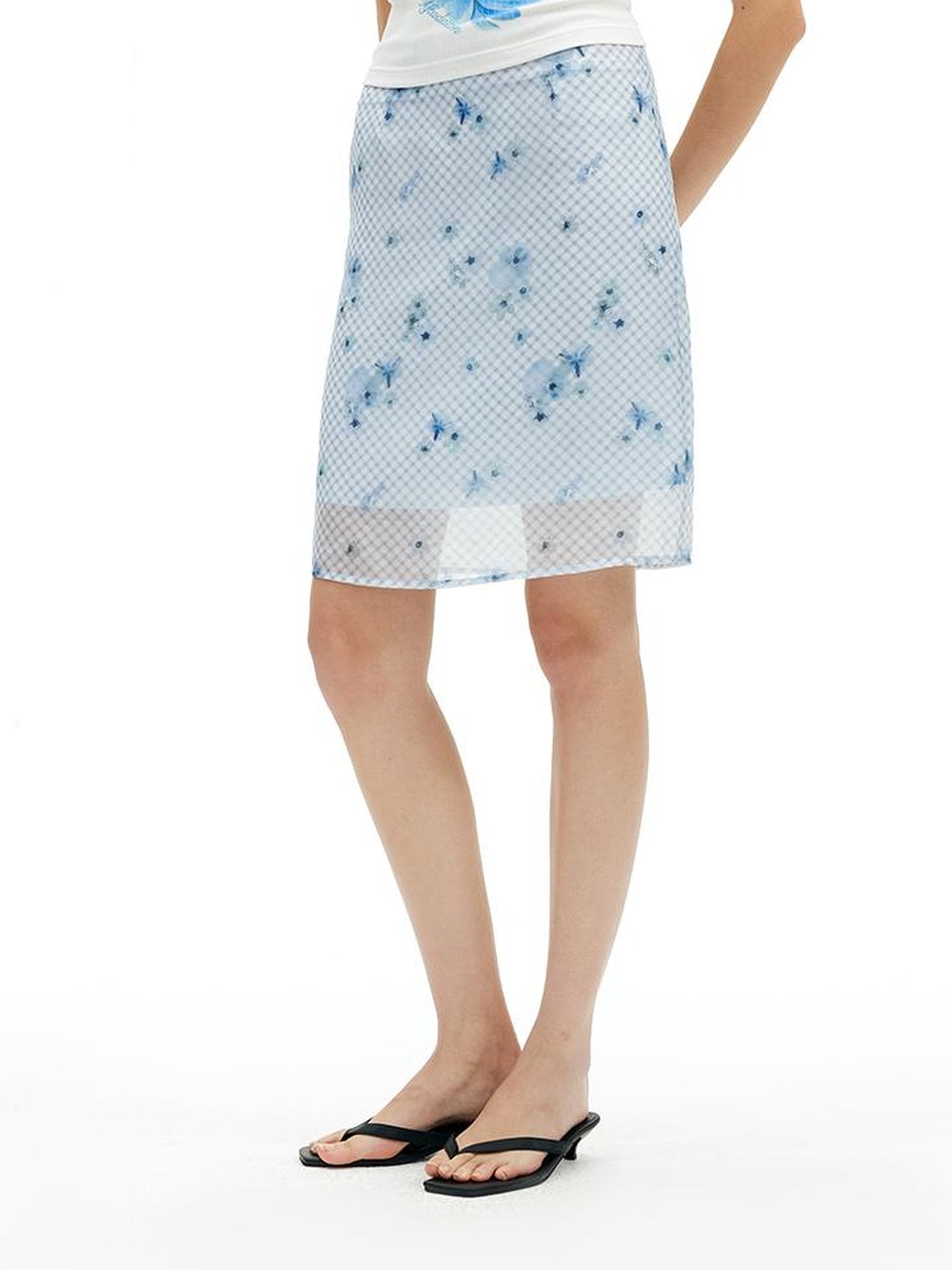 AFTADAWN Floral Mesh Midi Skirt With 3D Tailoring