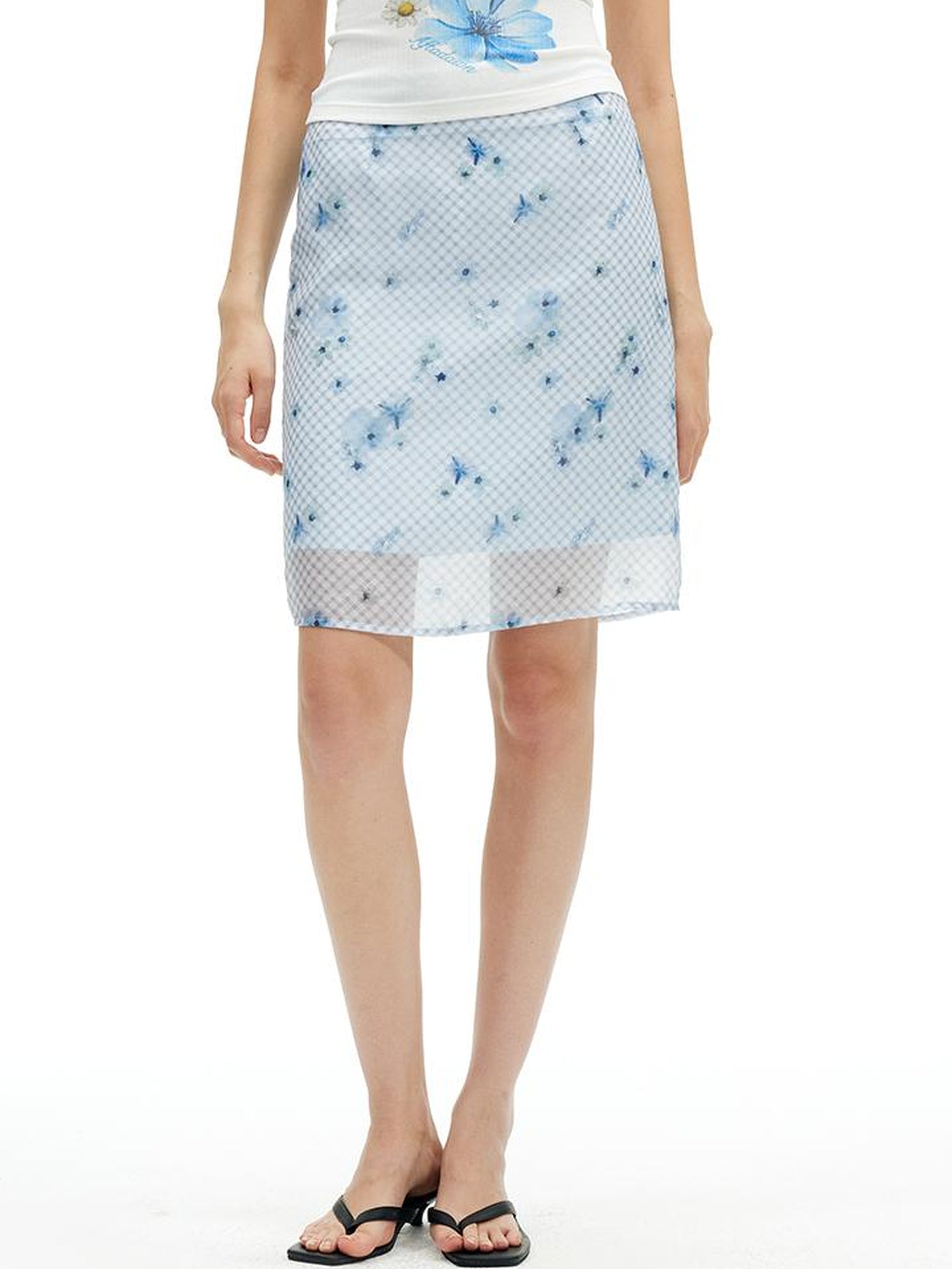 AFTADAWN Floral Mesh Midi Skirt With 3D Tailoring