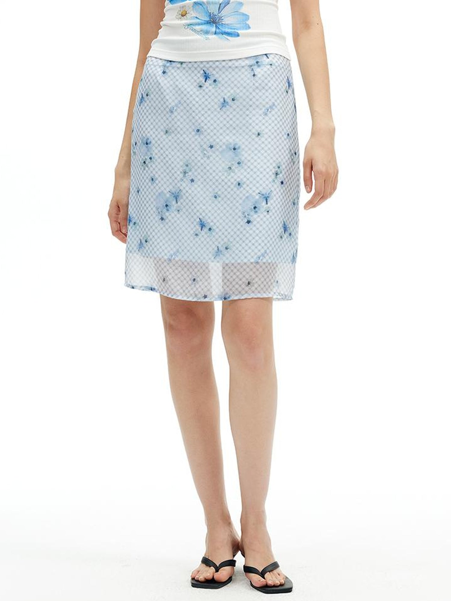 AFTADAWN Floral Mesh Midi Skirt With 3D Tailoring