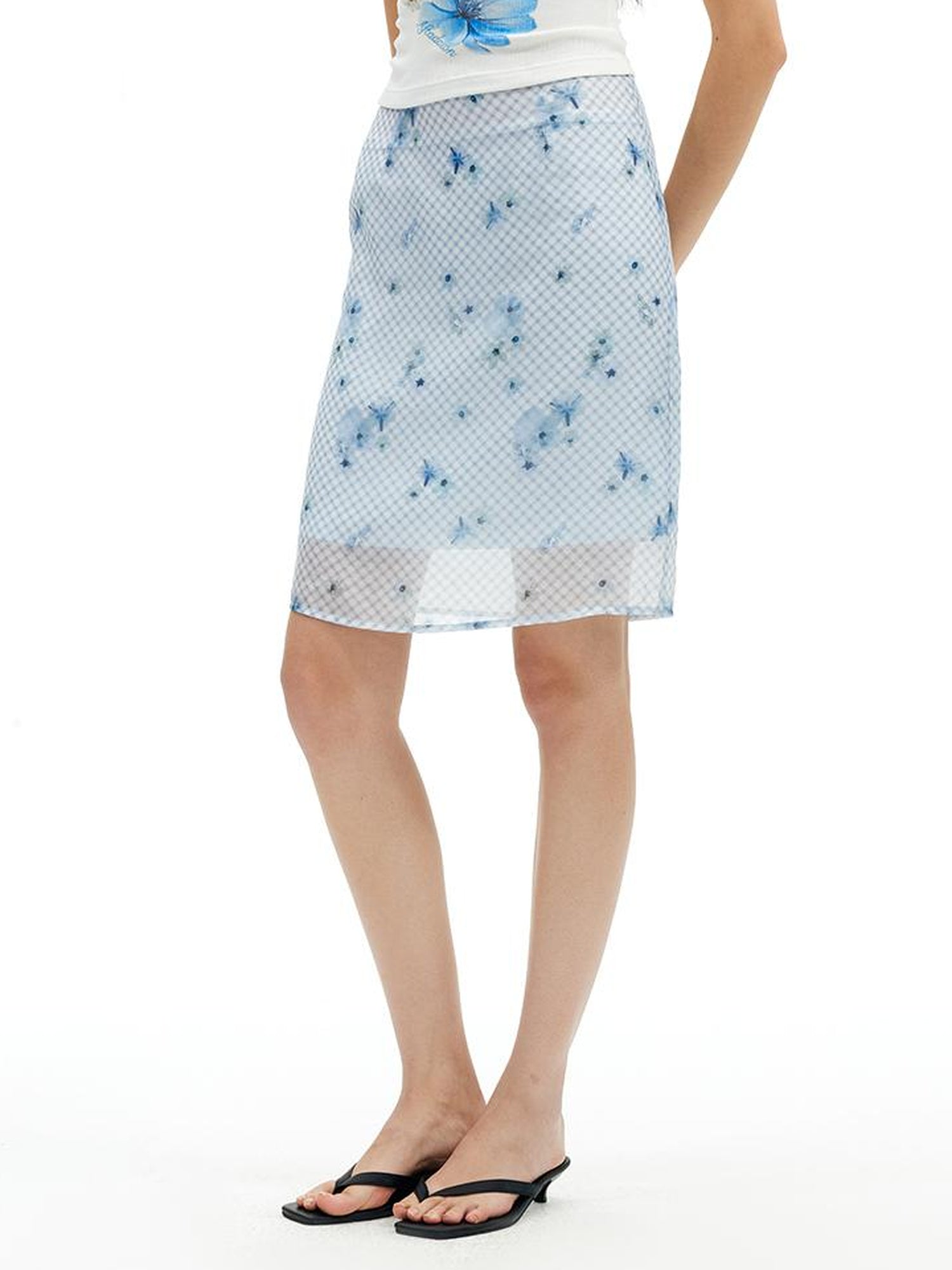 AFTADAWN Floral Mesh Midi Skirt With 3D Tailoring