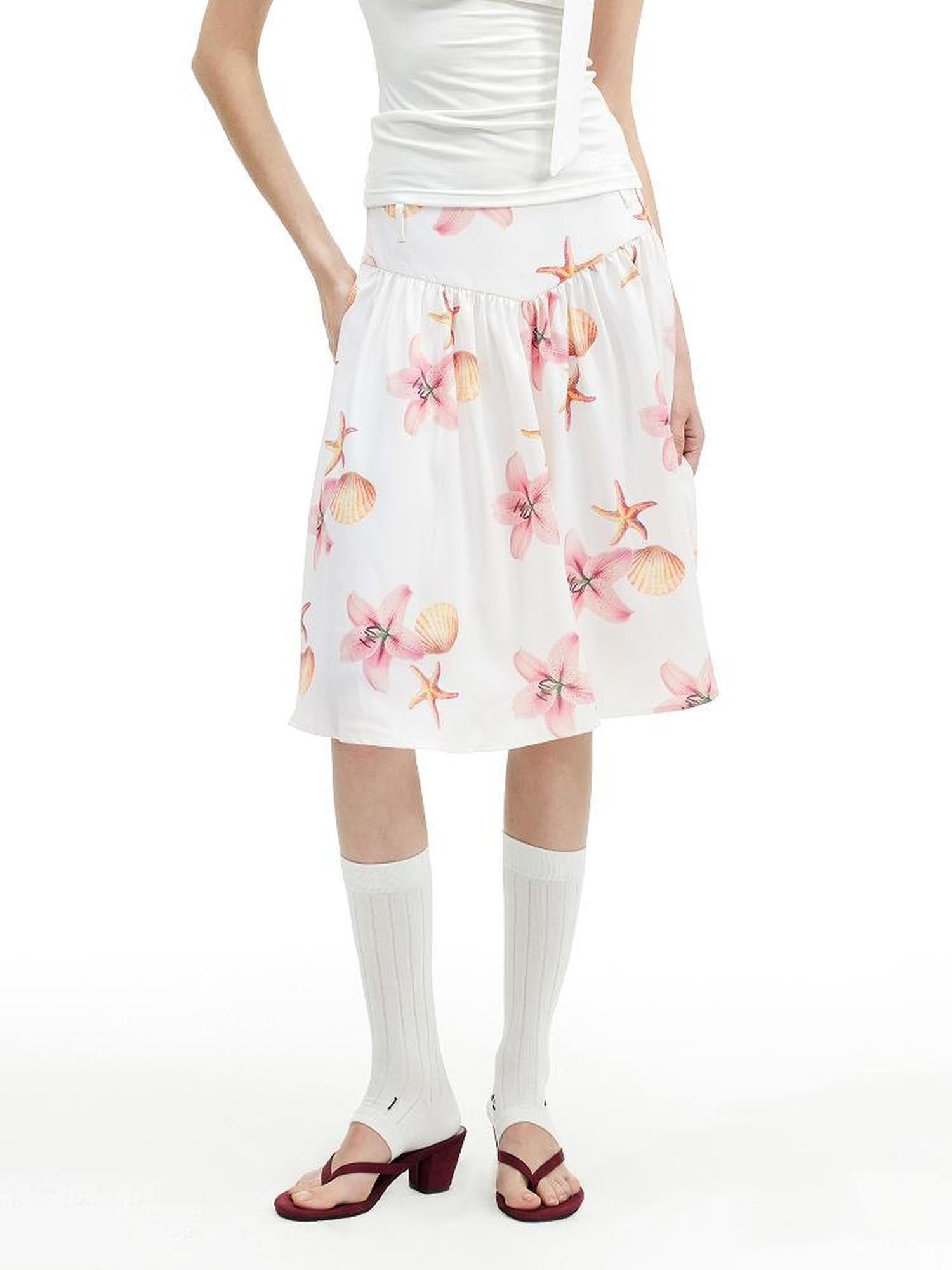 AFTADAWN Floral Print A Line Midi Skirt With Pleats