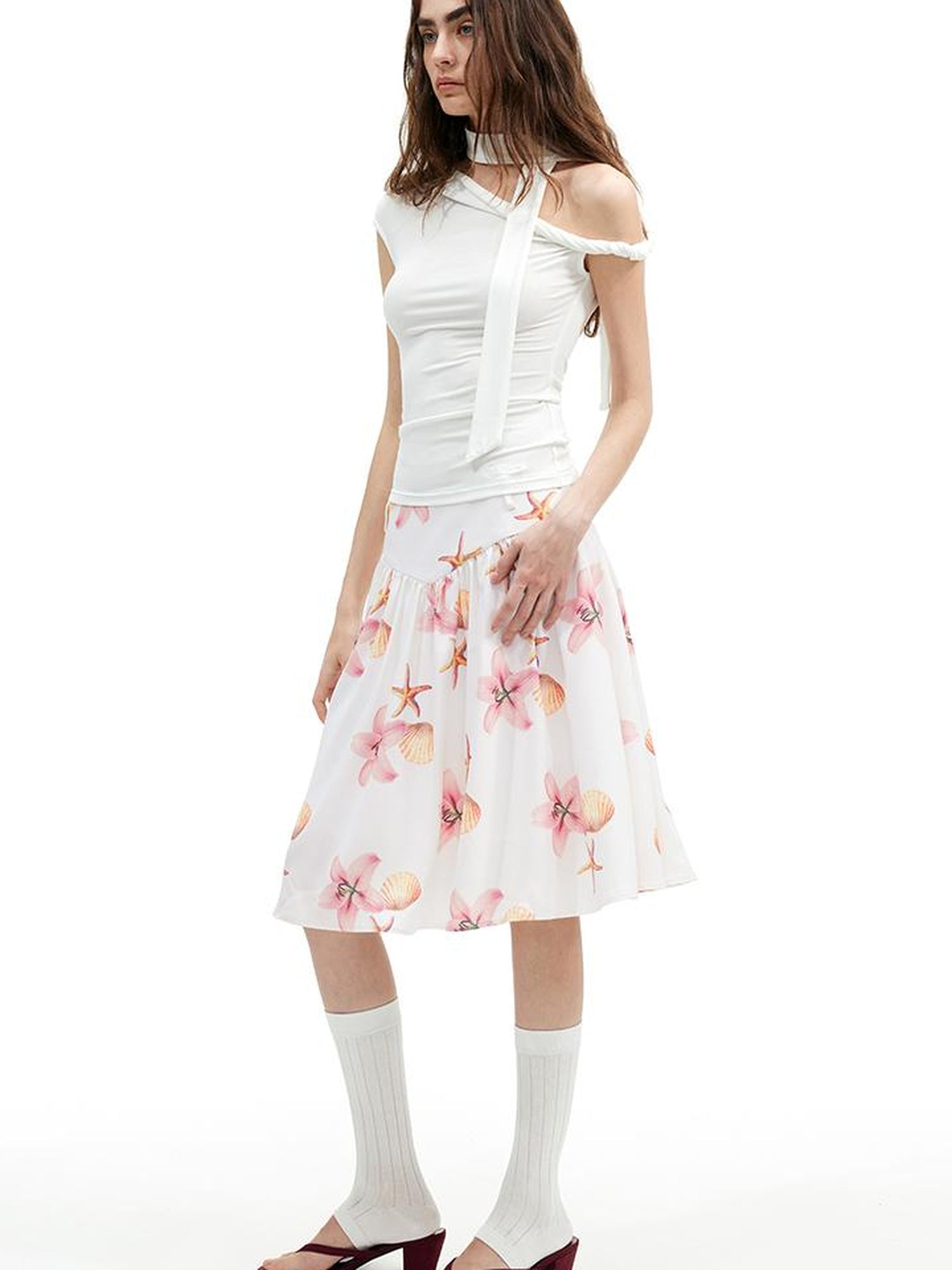 AFTADAWN Floral Print A Line Midi Skirt With Pleats