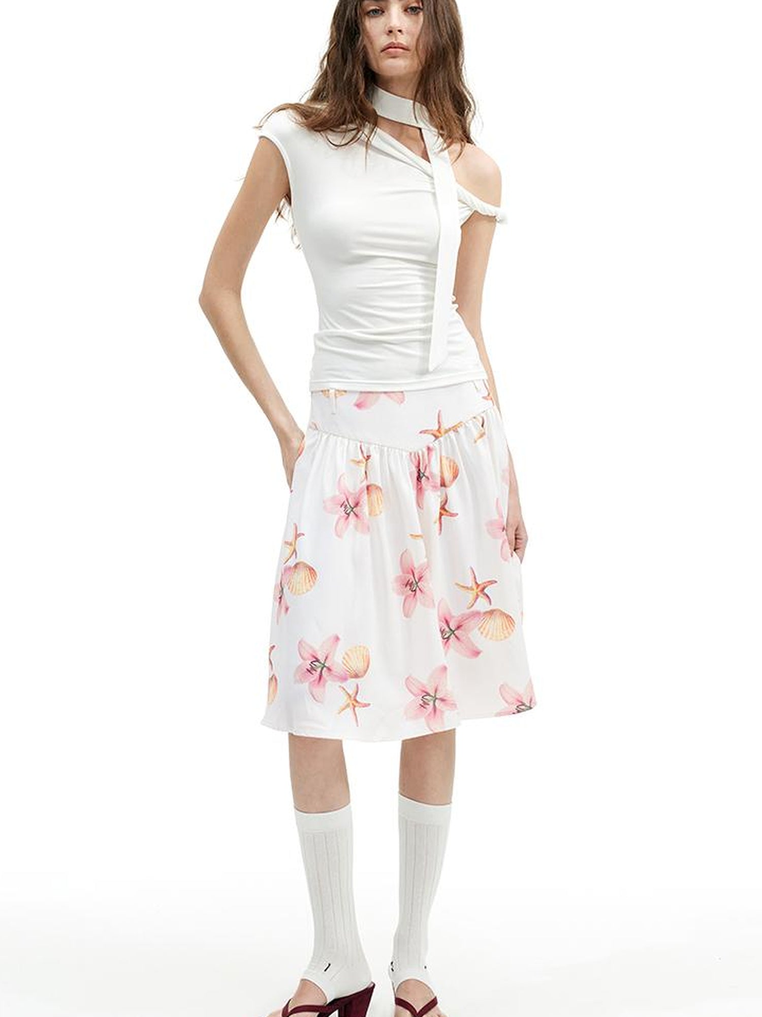 AFTADAWN Floral Print A Line Midi Skirt With Pleats