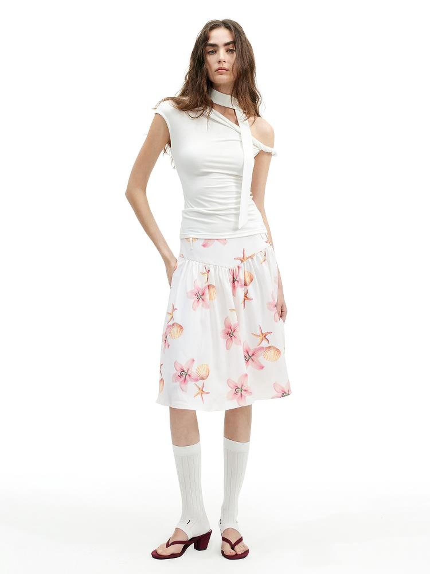 AFTADAWN Floral Print A Line Midi Skirt With Pleats