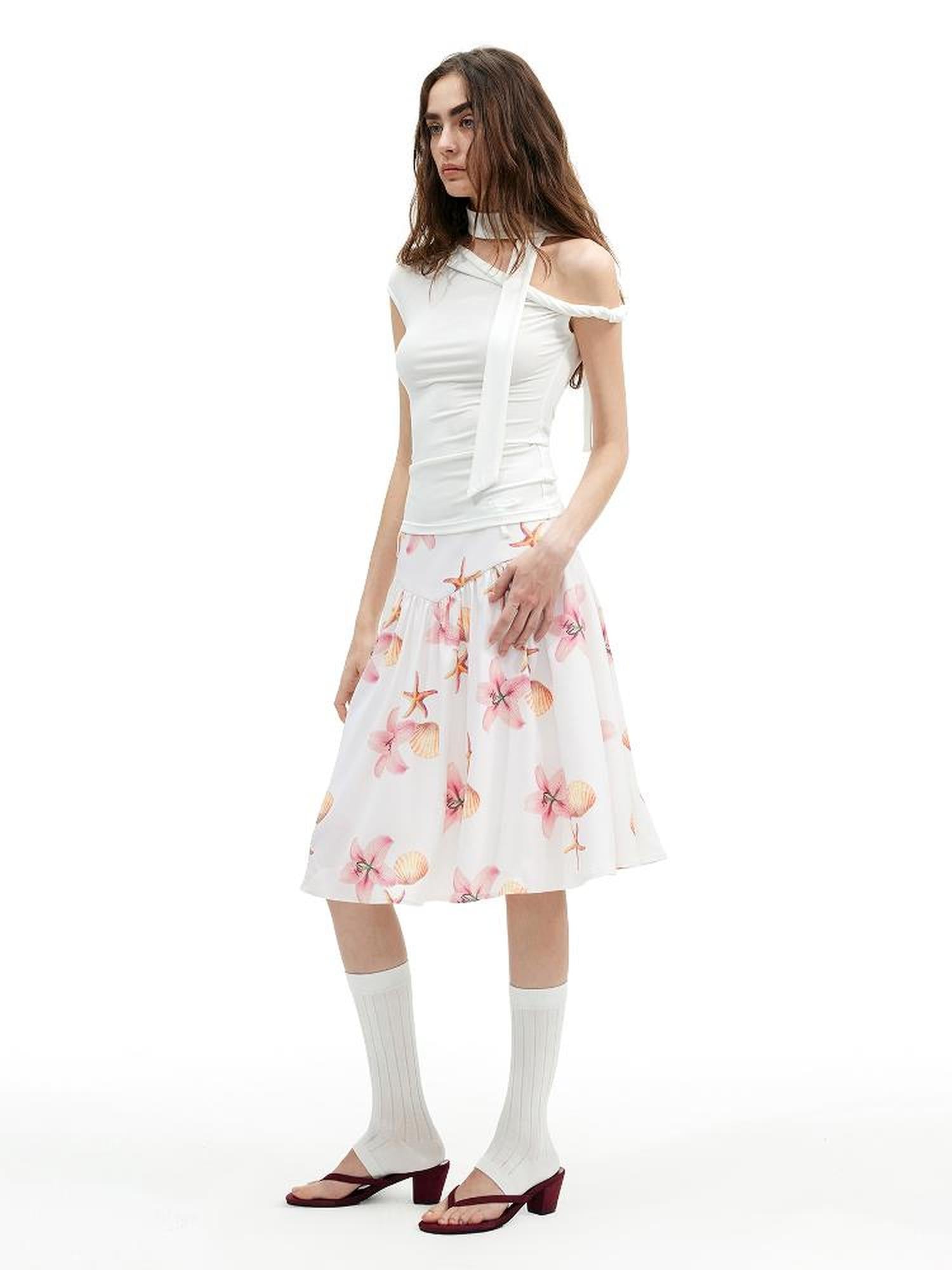 AFTADAWN Floral Print A Line Midi Skirt With Pleats