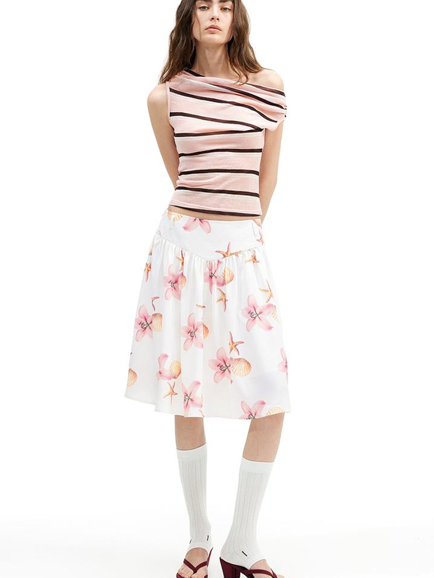 AFTADAWN Floral Print A Line Midi Skirt With Pleats