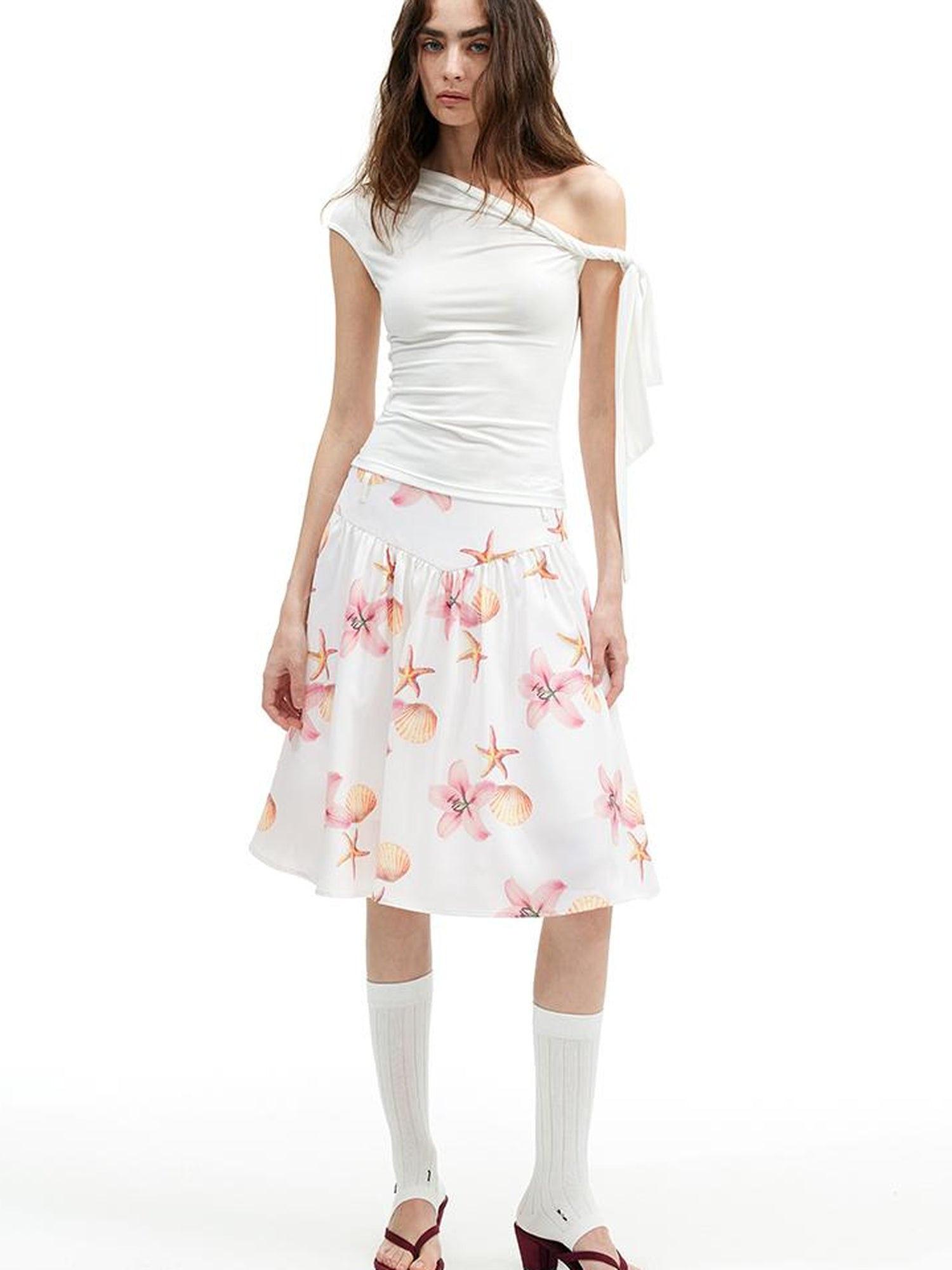 AFTADAWN Floral Print A Line Midi Skirt With Pleats