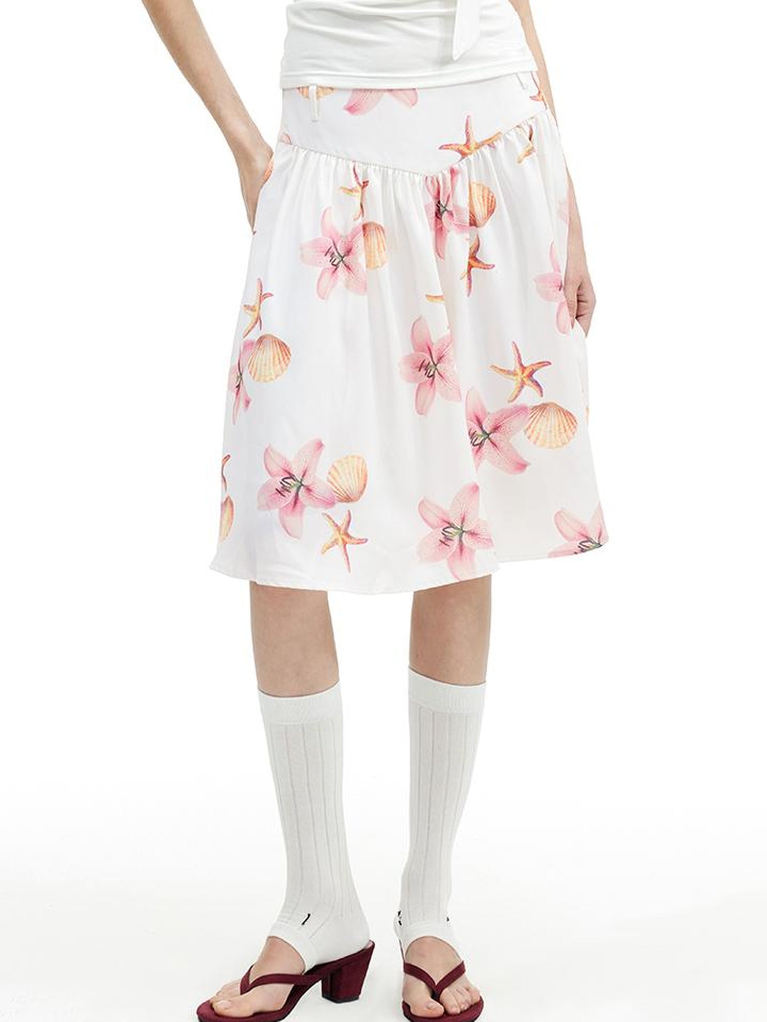 AFTADAWN Floral Print A Line Midi Skirt With Pleats