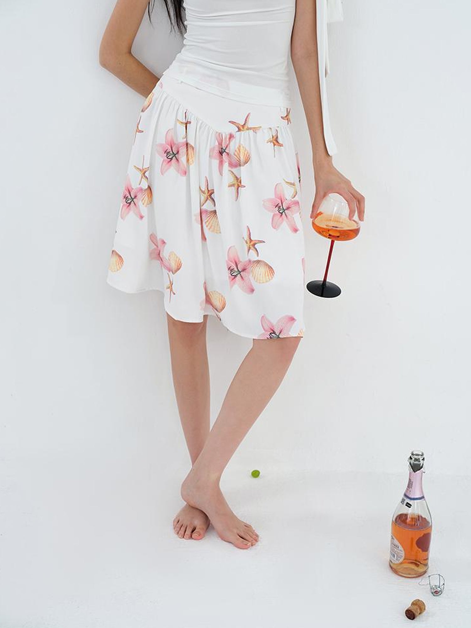 AFTADAWN Floral Print A Line Midi Skirt With Pleats