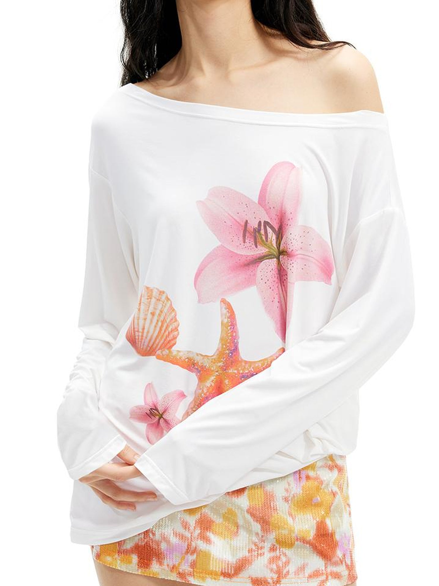 AFTADAWN Floral Print Lenzing Modal Multi Way Off Shoulder Loose Blouse