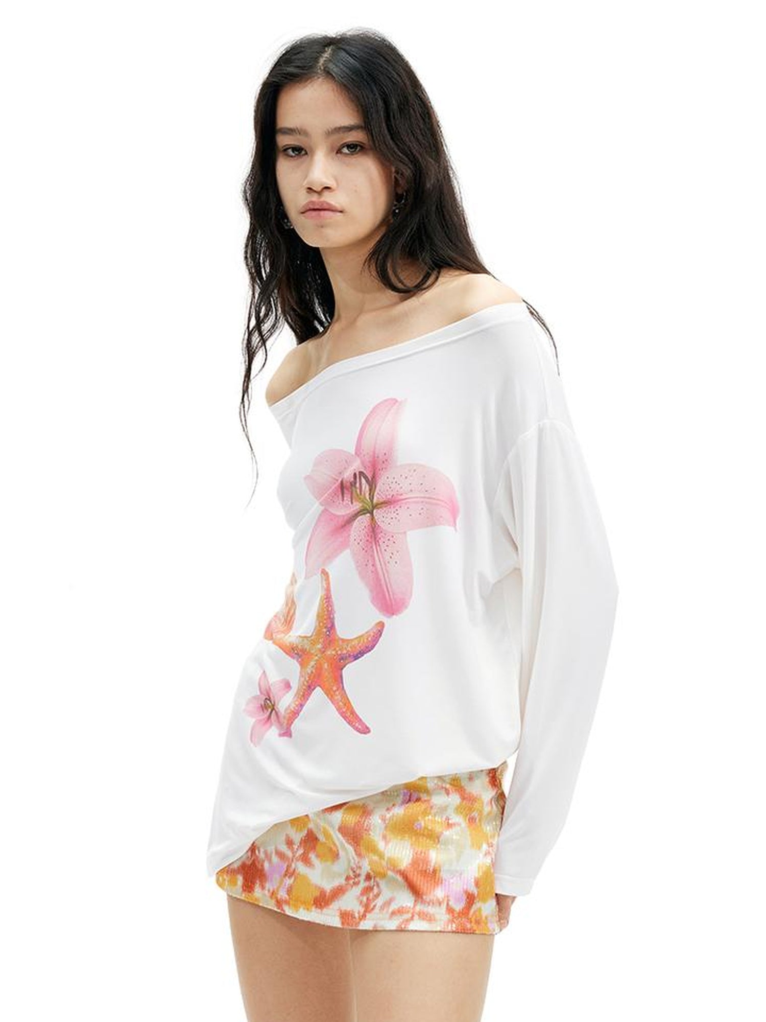 AFTADAWN Floral Print Lenzing Modal Multi Way Off Shoulder Loose Blouse