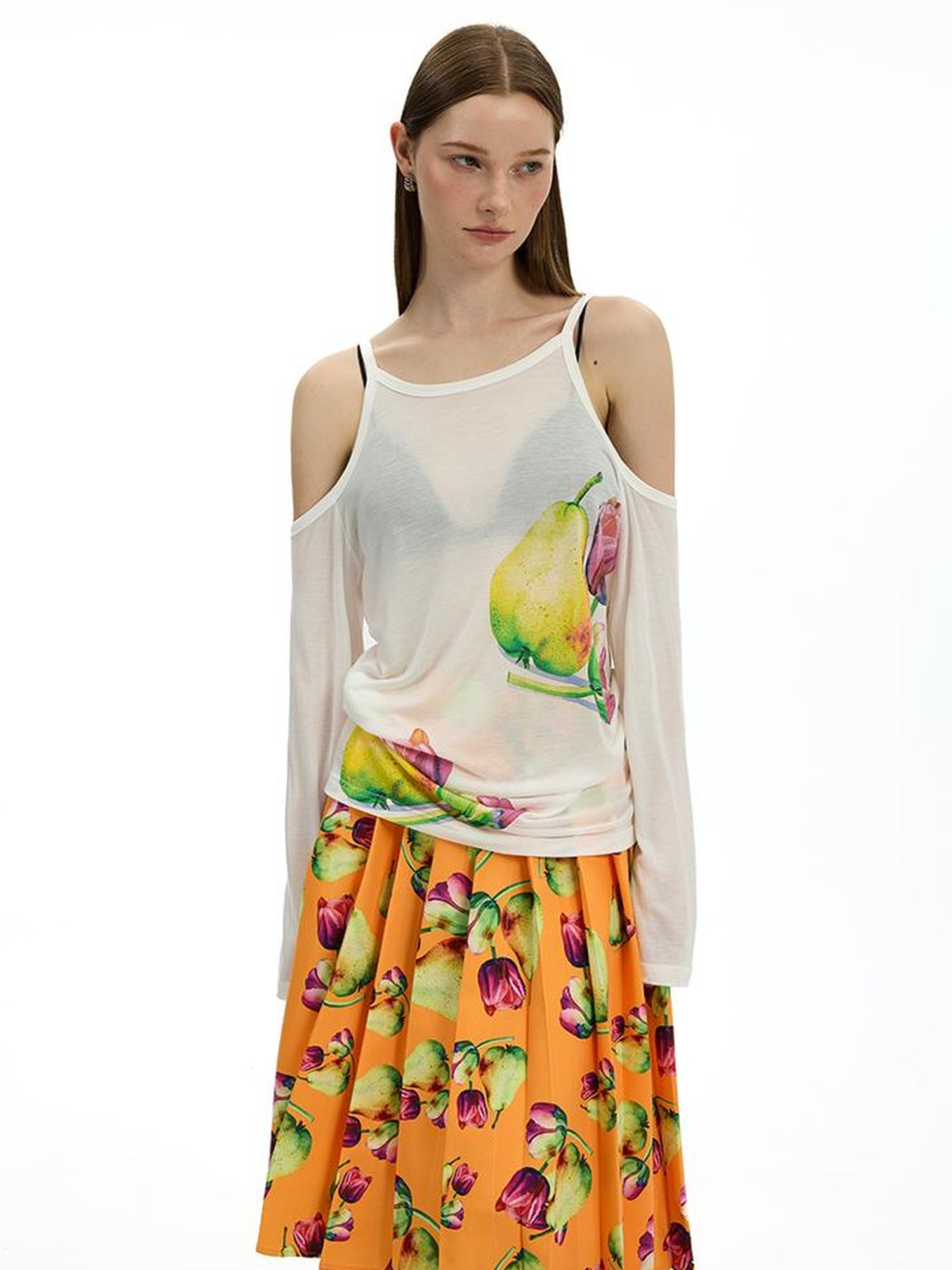 AFTADAWN Floral Print Linen Blend Shoulder Cut Top Pleated Skirt Set