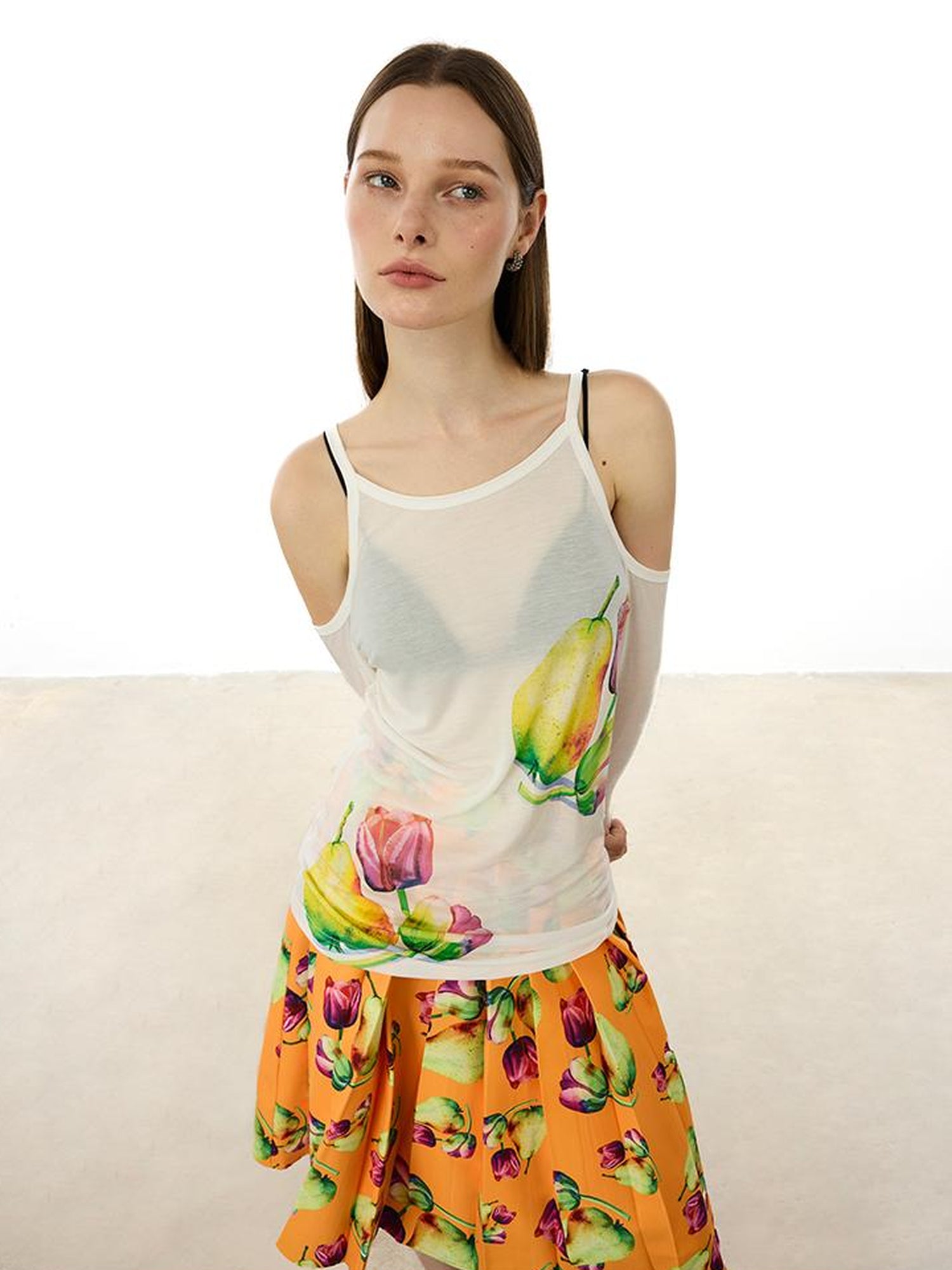 AFTADAWN Floral Print Linen Blend Shoulder Cut Top Pleated Skirt Set