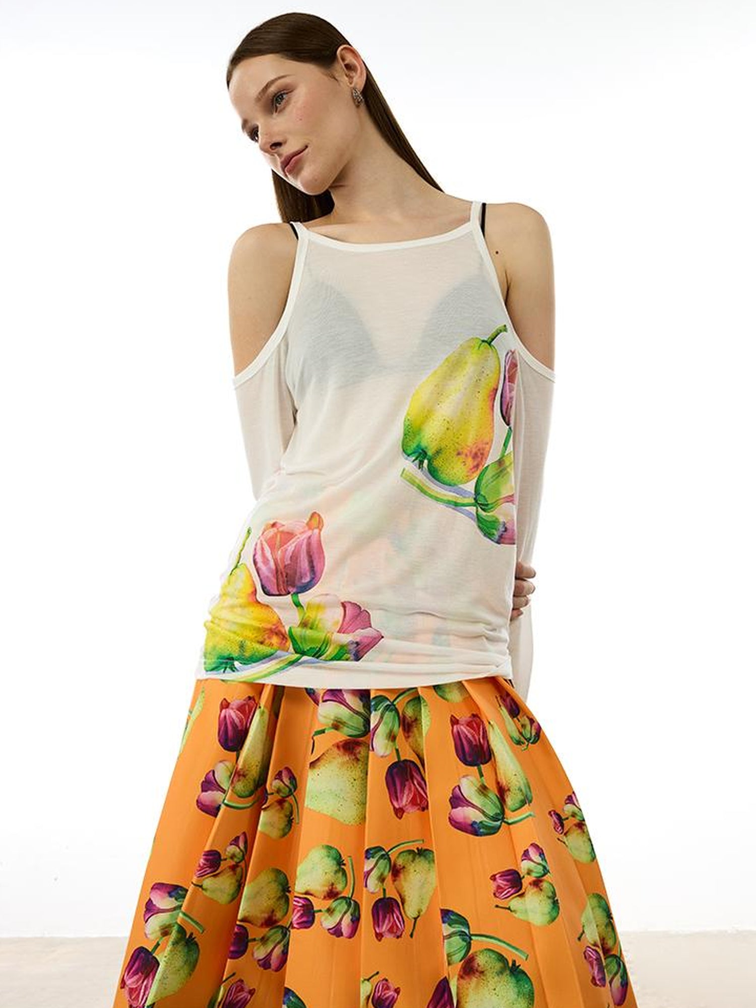 AFTADAWN Floral Print Linen Blend Shoulder Cut Top Pleated Skirt Set