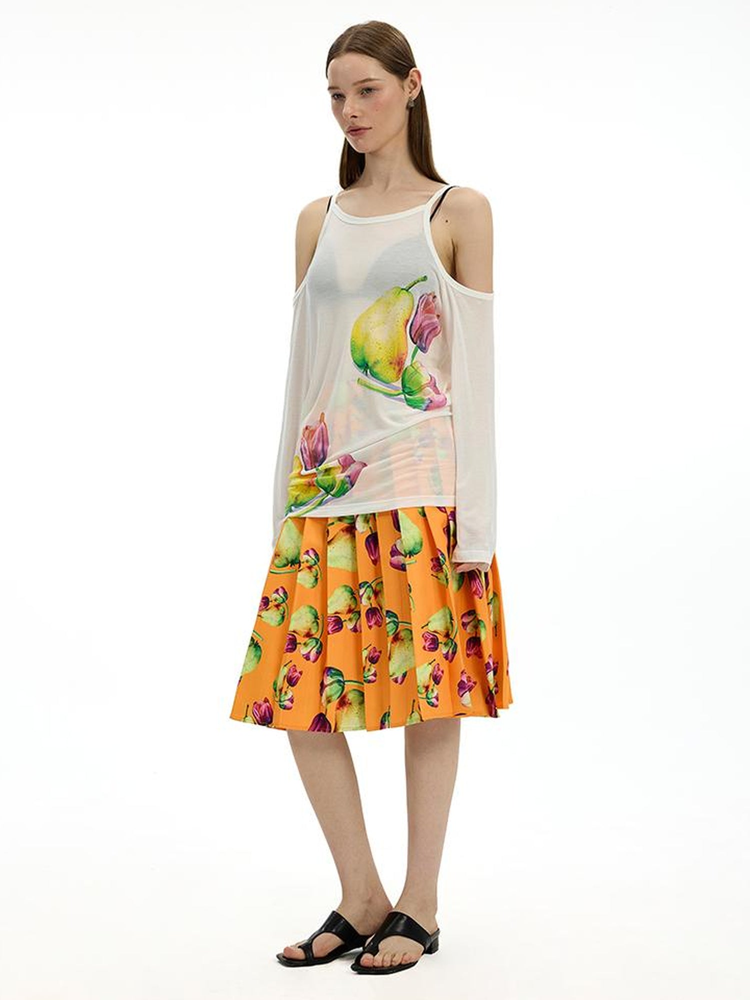 AFTADAWN Floral Print Linen Blend Shoulder Cut Top Pleated Skirt Set