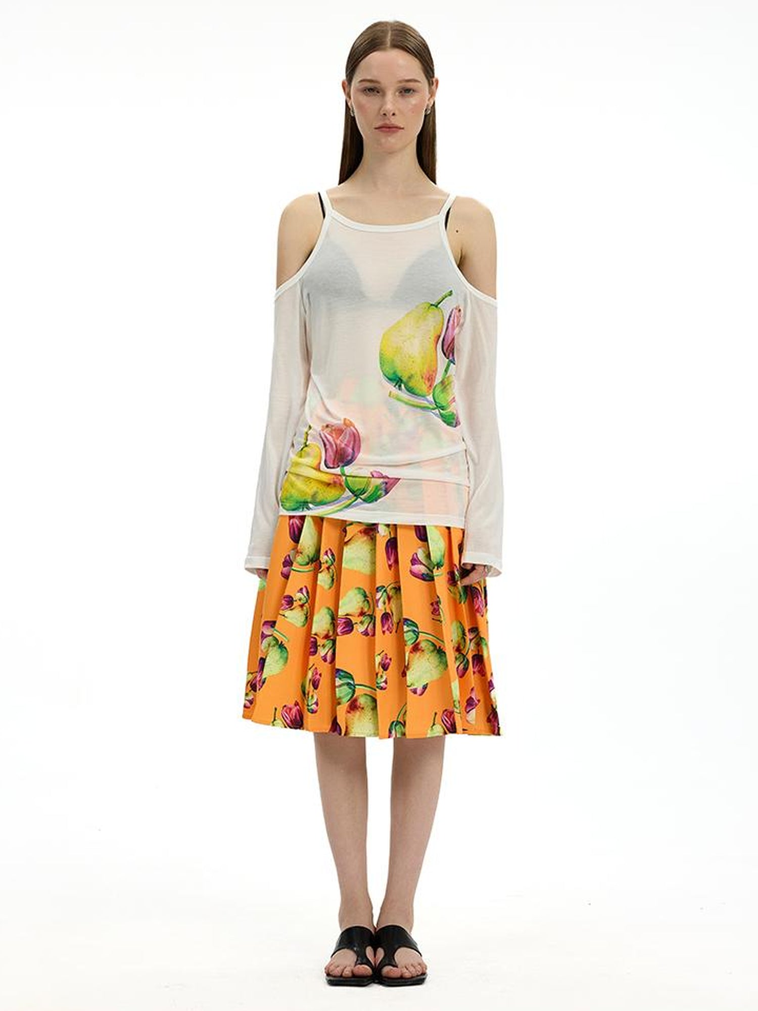 AFTADAWN Floral Print Linen Blend Shoulder Cut Top Pleated Skirt Set
