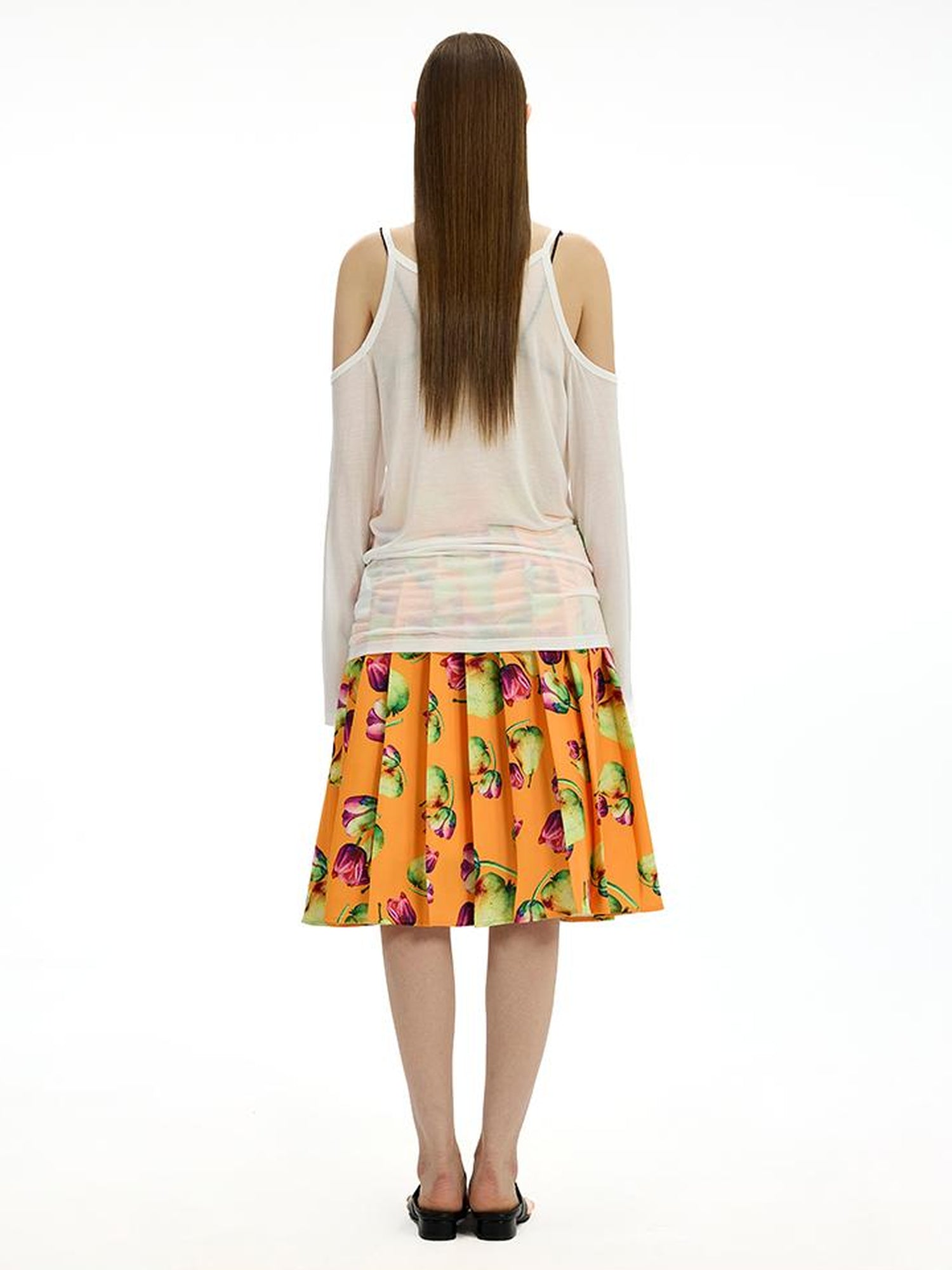 AFTADAWN Floral Print Linen Blend Shoulder Cut Top Pleated Skirt Set