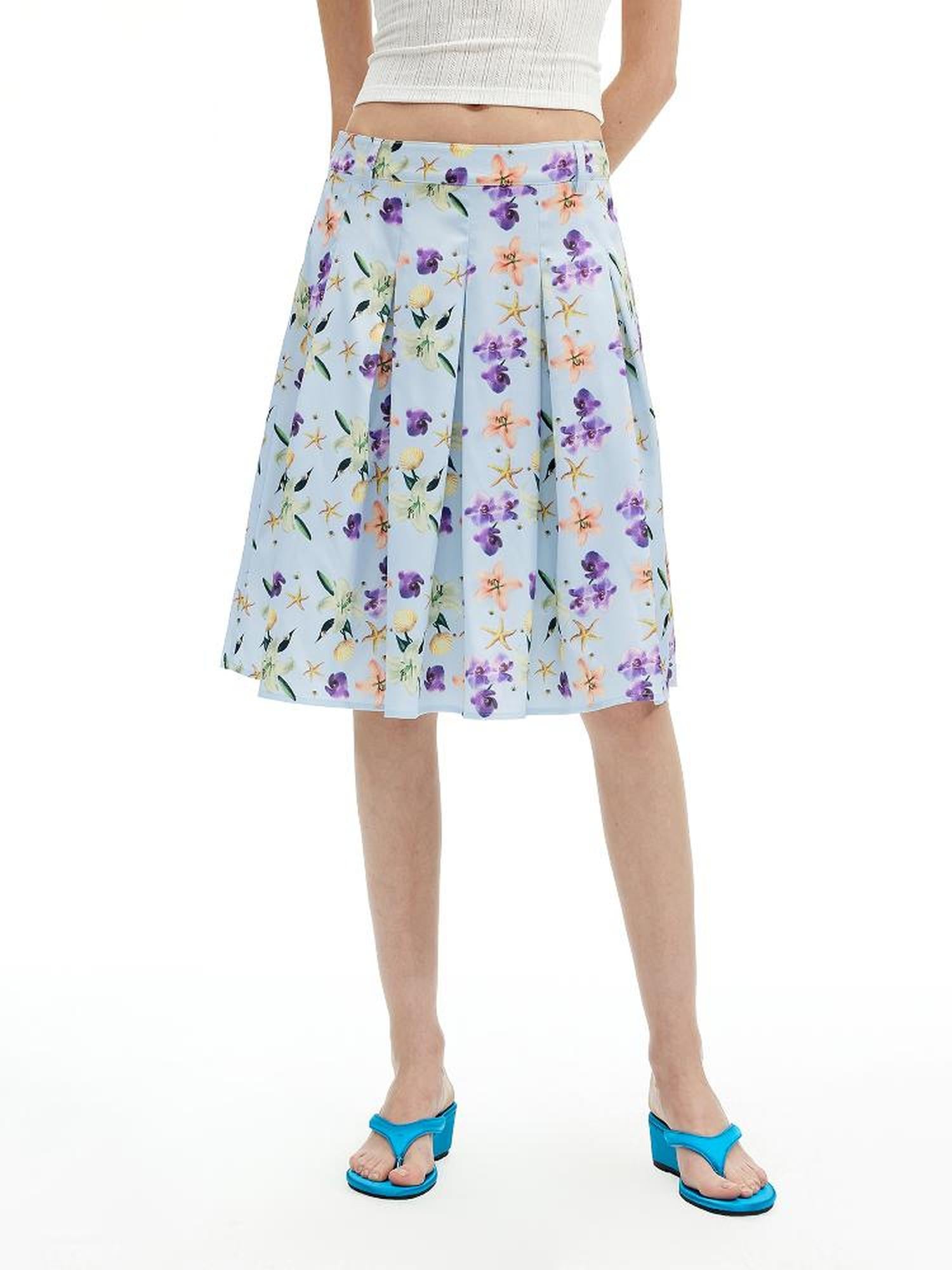 AFTADAWN Floral Print Pleated Midi Skirt with Blue Island Style