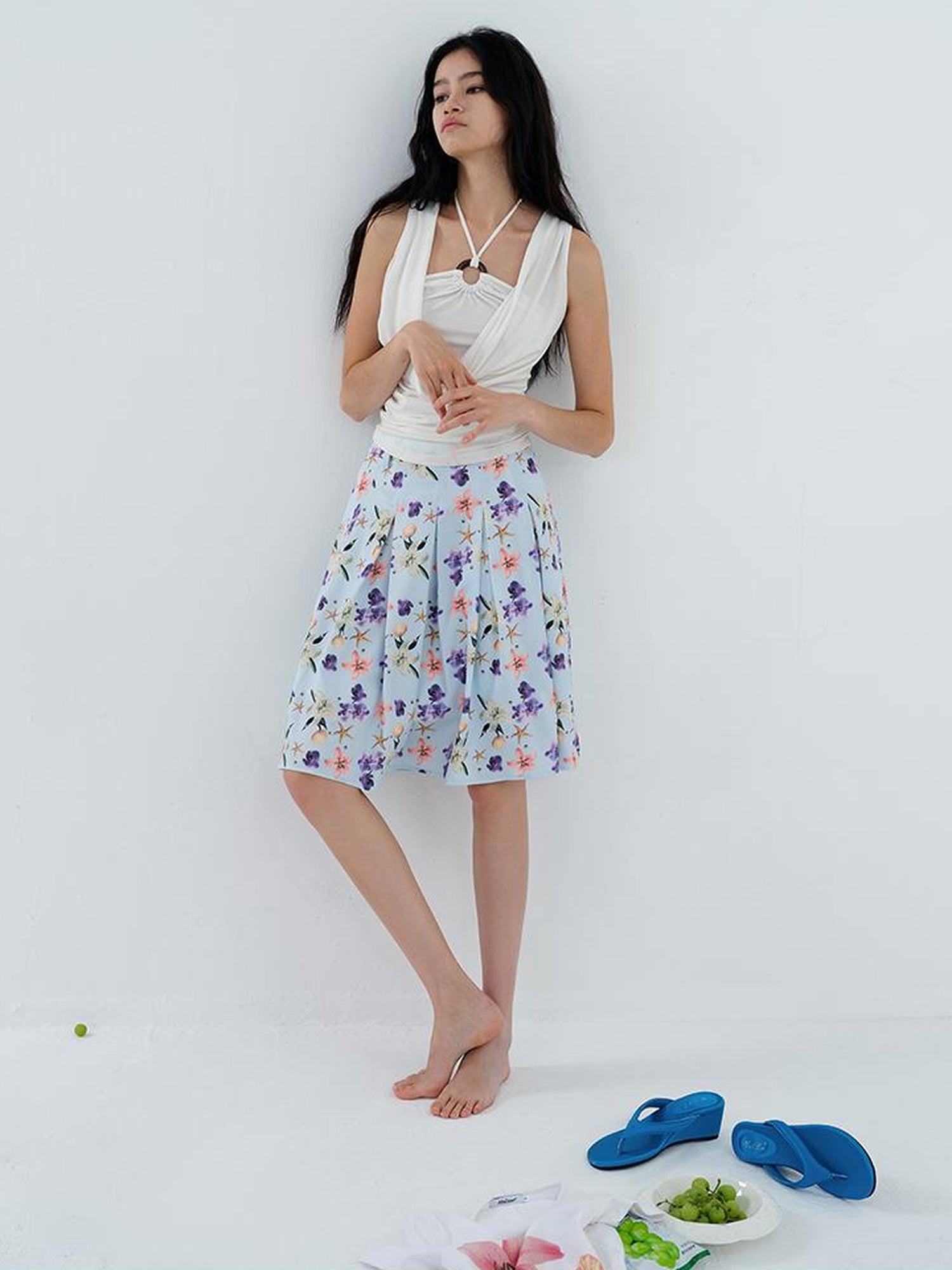 AFTADAWN Floral Print Pleated Midi Skirt with Blue Island Style