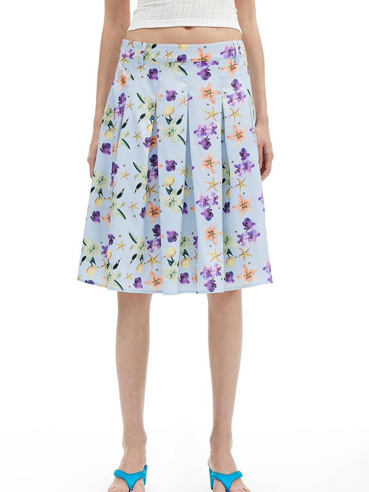 AFTADAWN Floral Print Pleated Midi Skirt with Blue Island Style