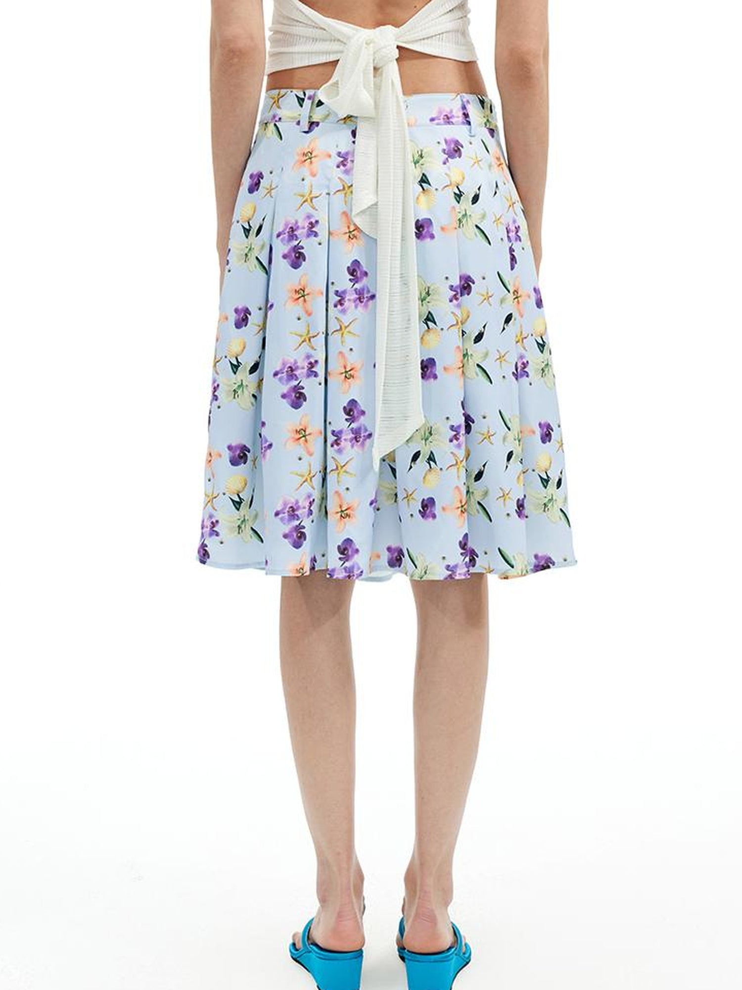 AFTADAWN Floral Print Pleated Midi Skirt with Blue Island Style