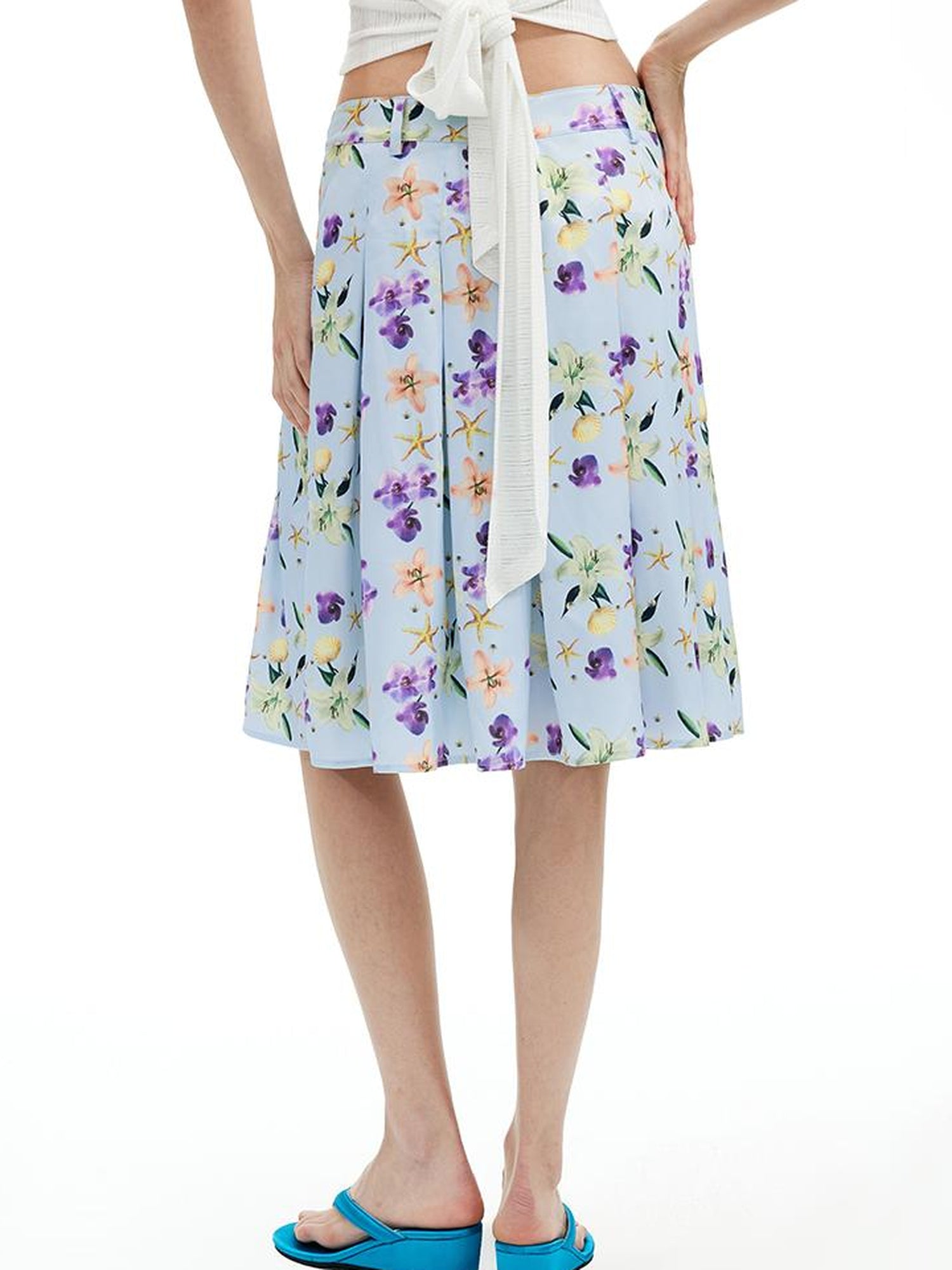AFTADAWN Floral Print Pleated Midi Skirt with Blue Island Style