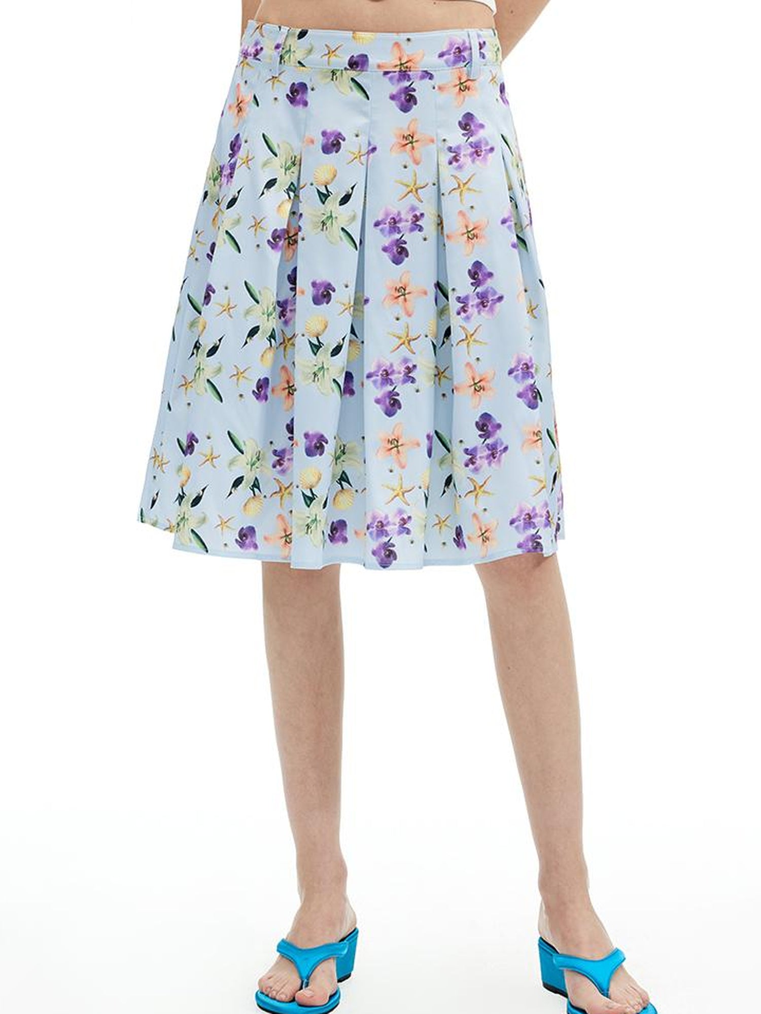 AFTADAWN Floral Print Pleated Midi Skirt with Blue Island Style