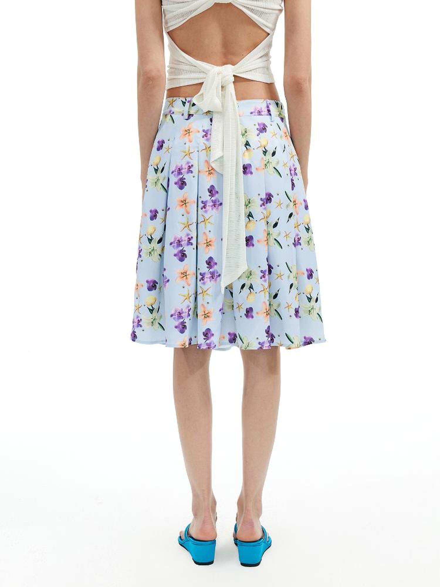 AFTADAWN Floral Print Pleated Midi Skirt with Blue Island Style