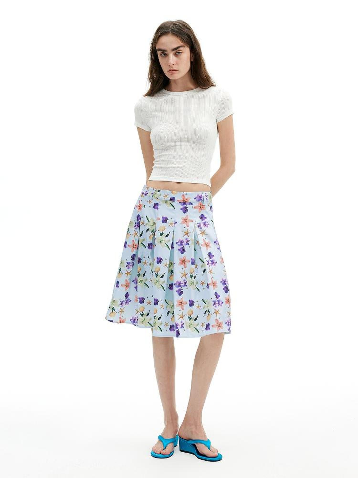 AFTADAWN Floral Print Pleated Midi Skirt with Blue Island Style